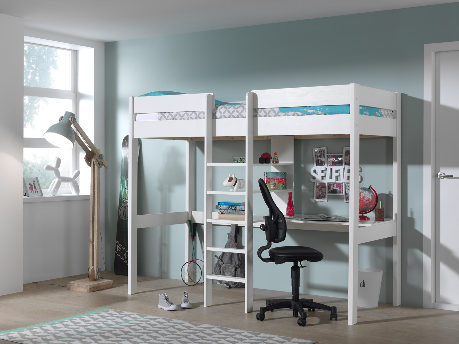 Hochbett PINO - weiß - massiv - Platte und Regal - 90x200 cm