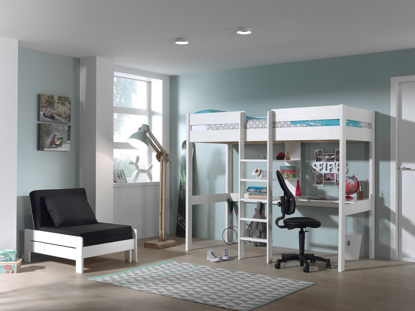 Hochbett PINO - weiß - massiv - Platte und Regal - 90x200 cm