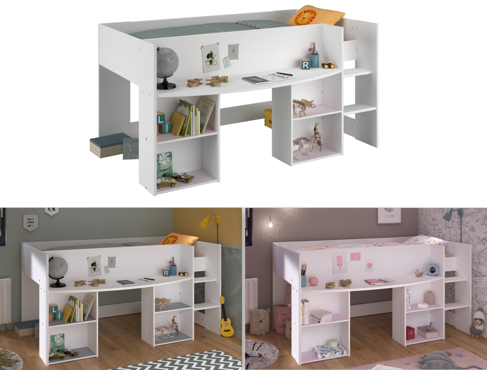 Hochbett PIROUTTE 1 - weiß - integrierter Schreibtisch - 90x200 cm