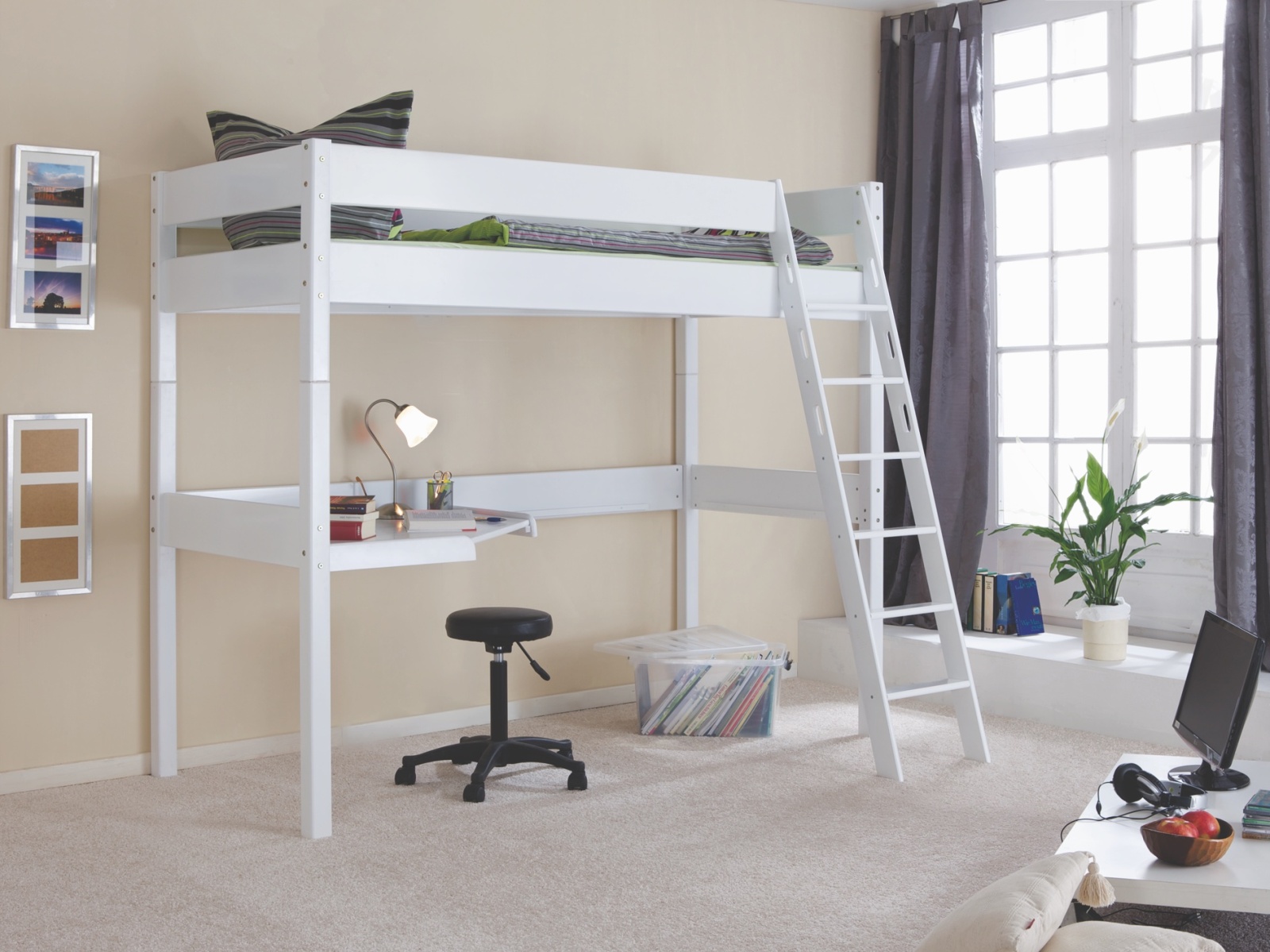 Hochbett RENATE - weiß - mit Schreibtisch - 90x200 cm