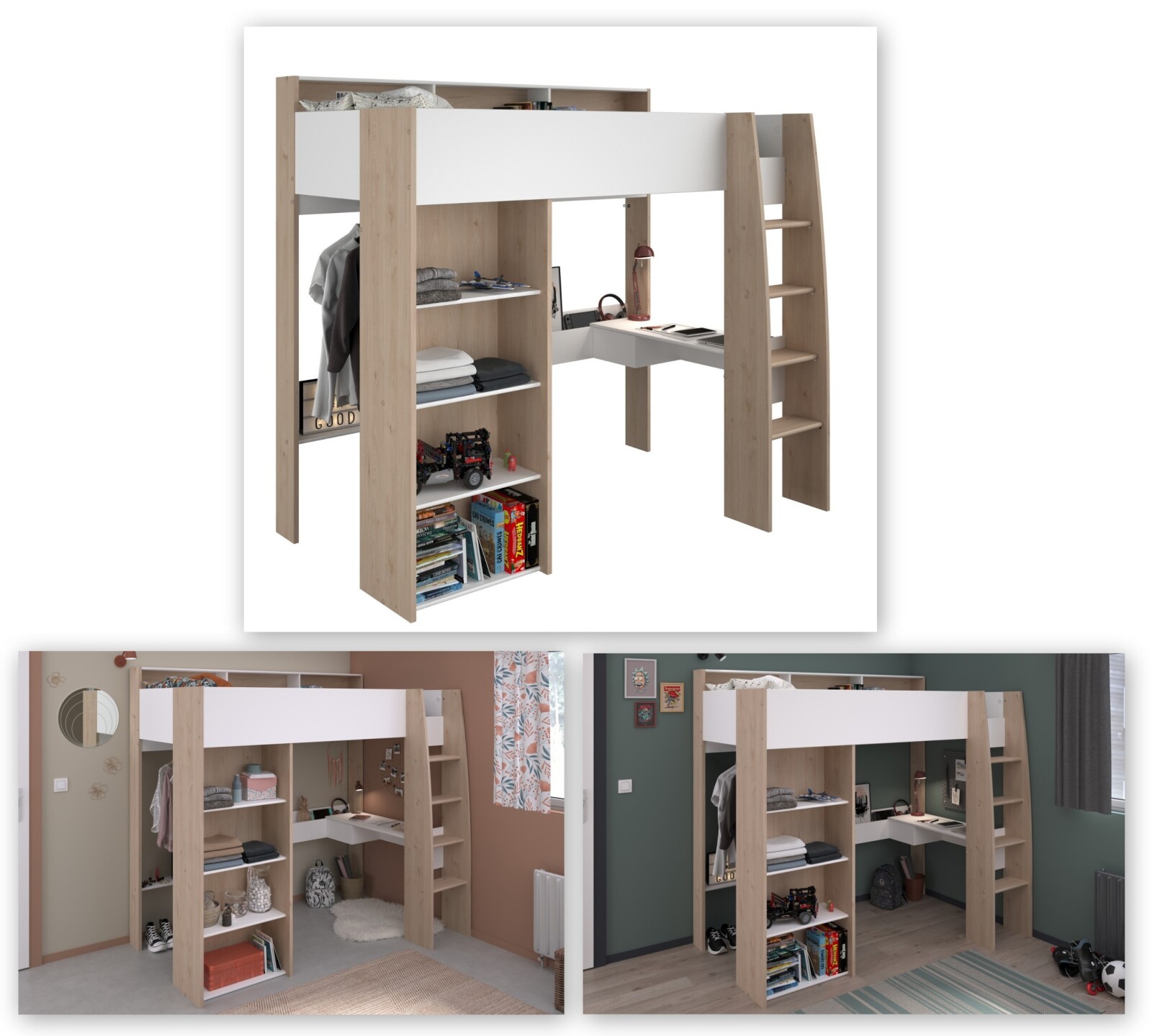 Hochbett SHELTER 11 - weiß - Jackson Eiche - mit Schreibtisch
