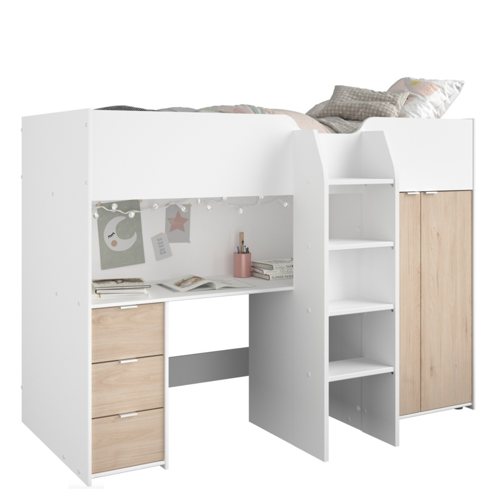 Hochbett TOM 1 - Jackson Eiche - weiß - 90x200 cm