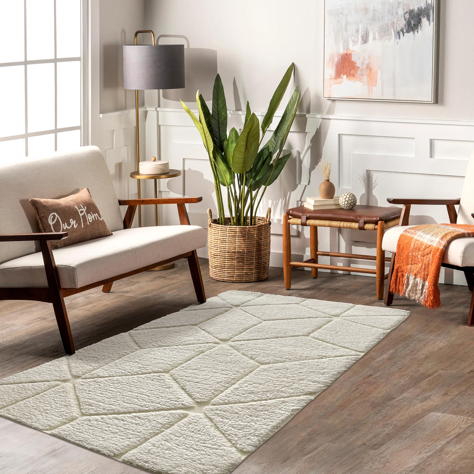 Hochflorteppich - beige - grafisches Muster