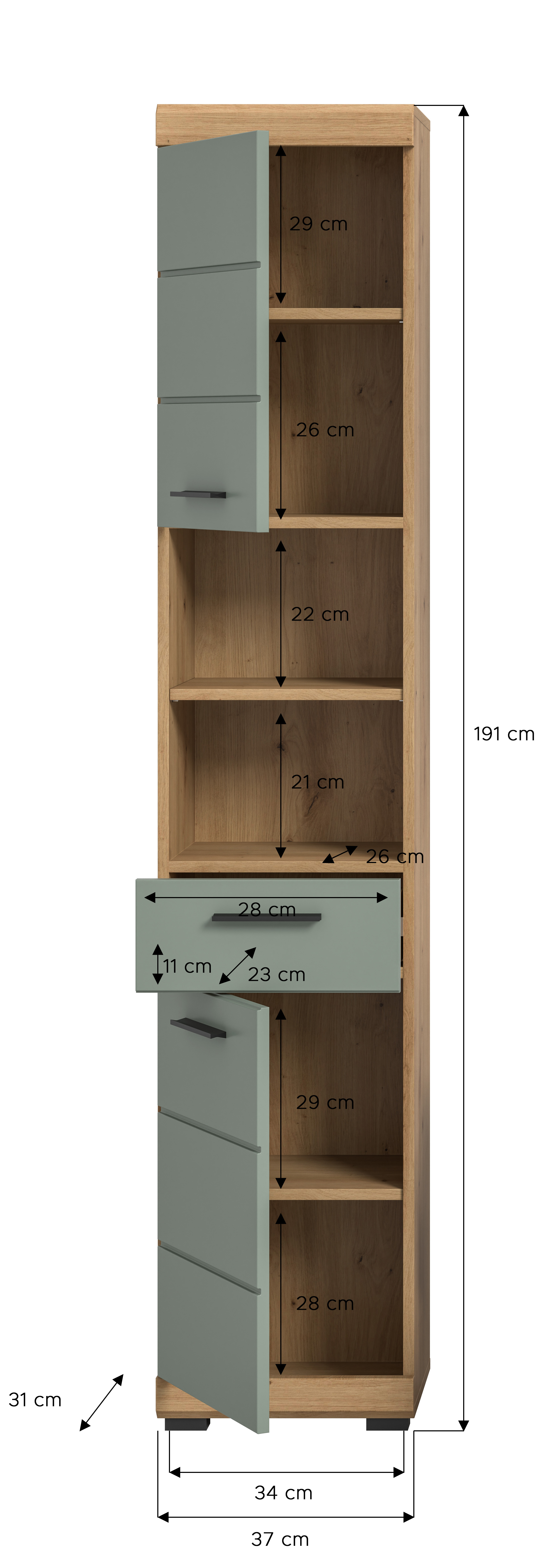 Hochschrank SCOUT - Salbei - Artisan Eiche - 37 cm