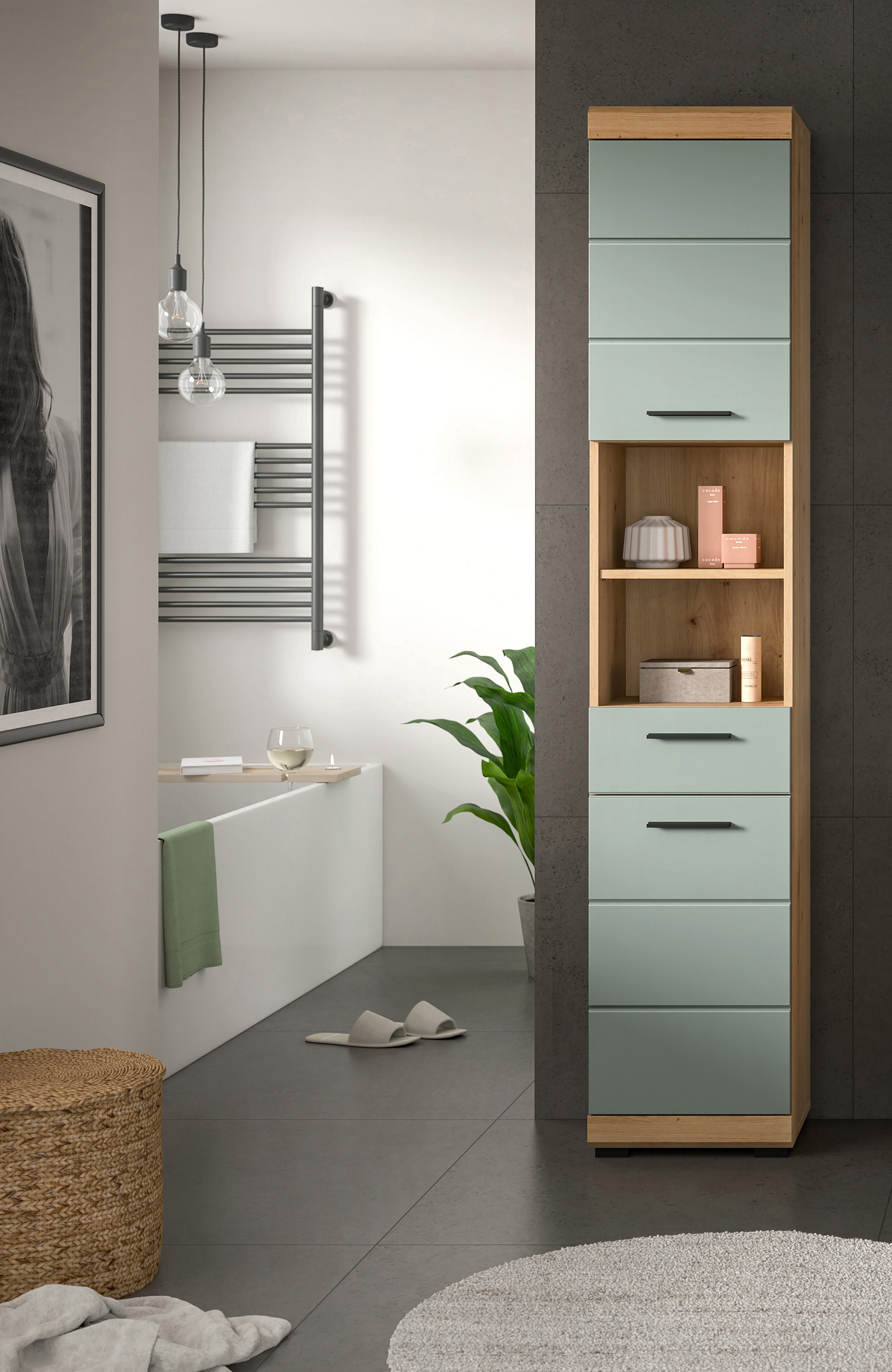 Hochschrank SCOUT - Salbei - Artisan Eiche - 37 cm