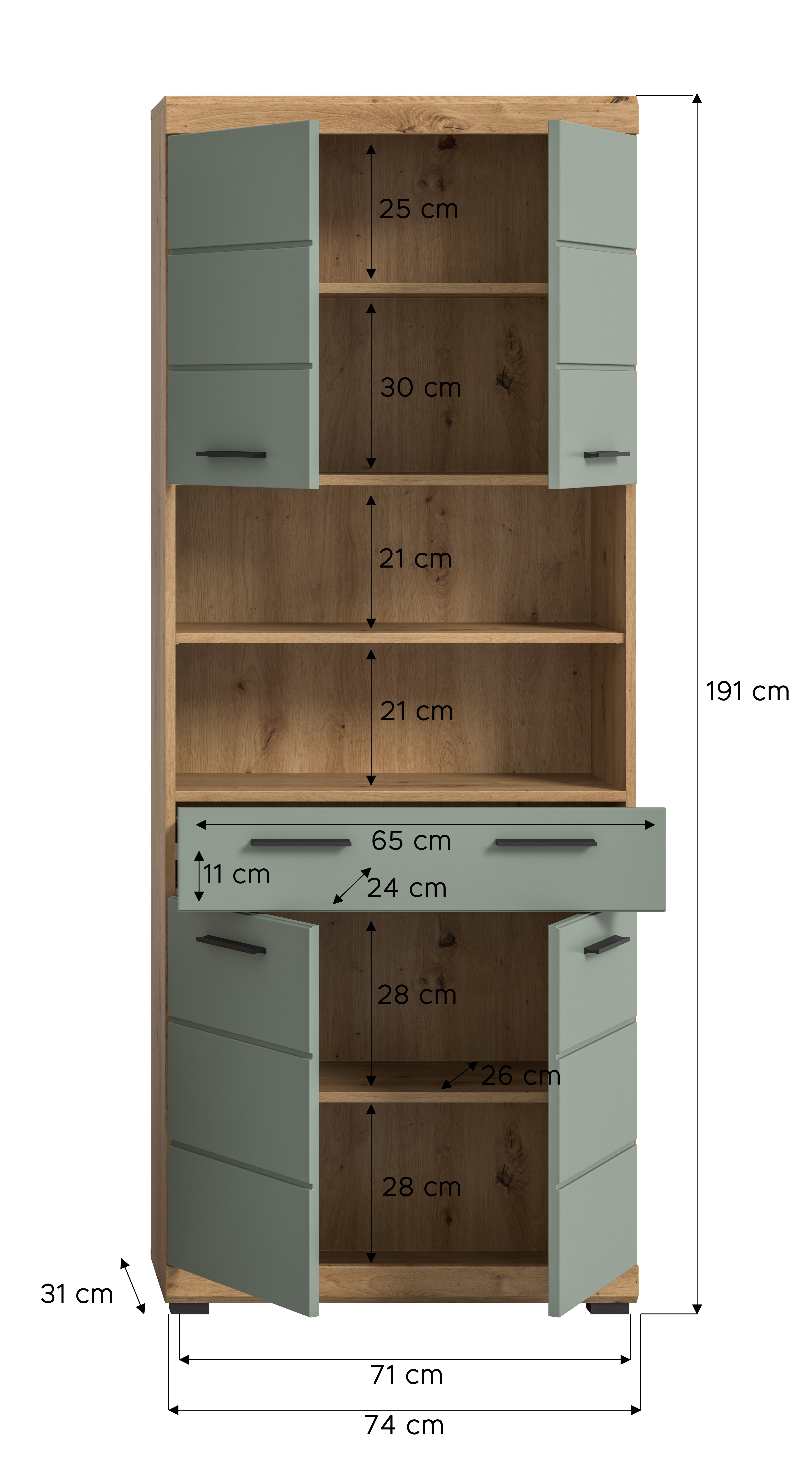 Hochschrank SCOUT - Salbei - Artisan Eiche - 74 cm