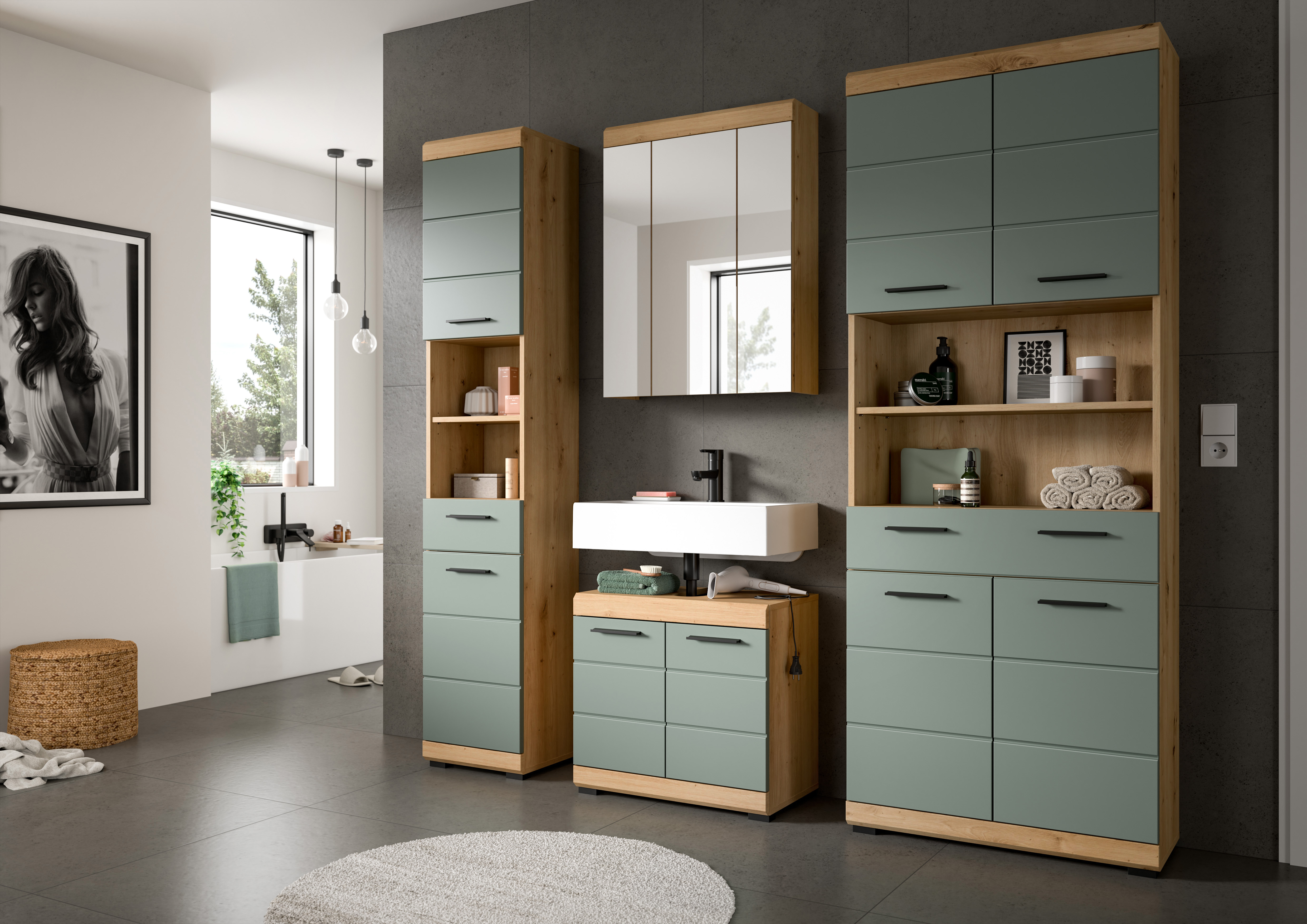 Hochschrank SCOUT - Salbei - Artisan Eiche - 74 cm
