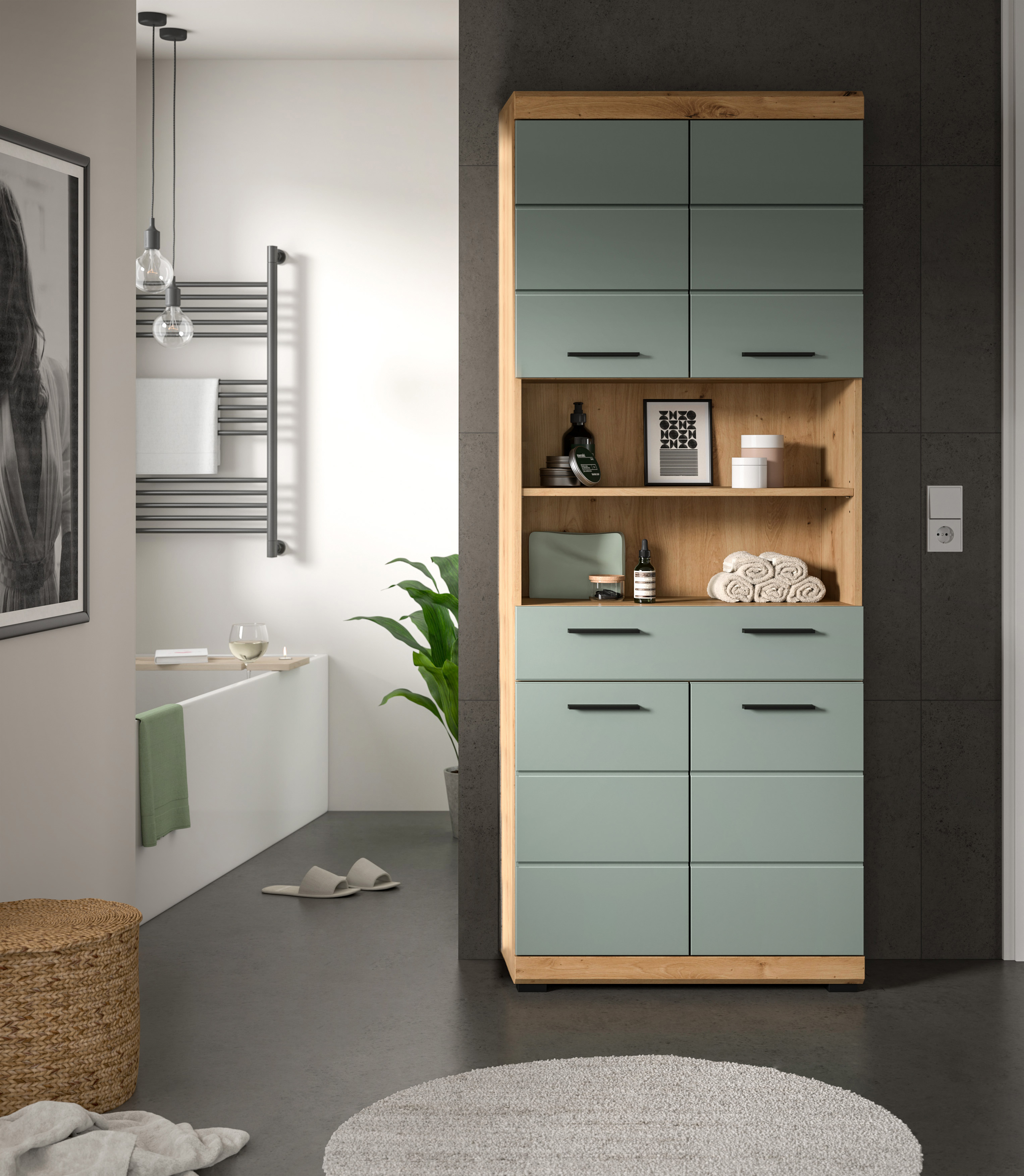 Hochschrank SCOUT - Salbei - Artisan Eiche - 74 cm