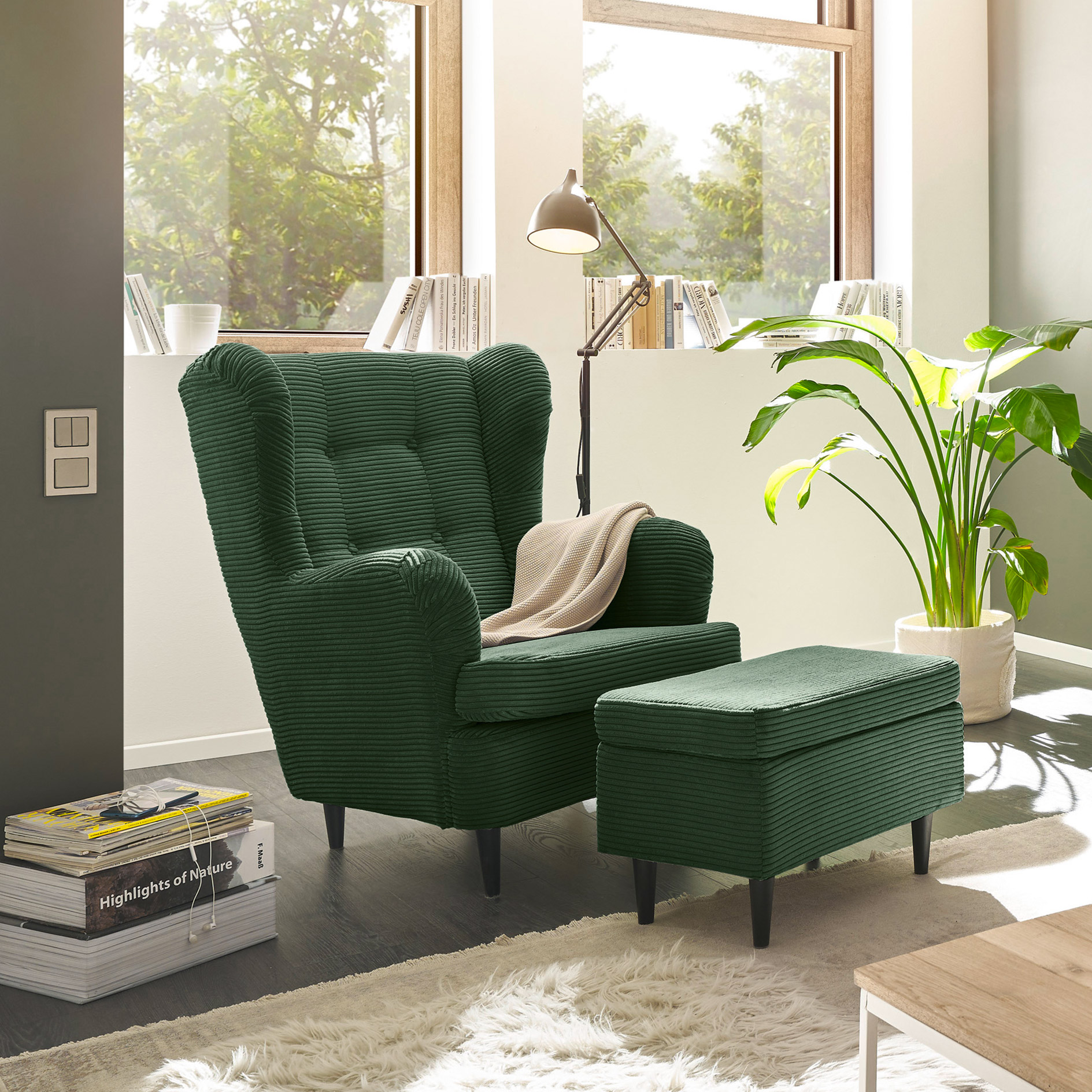 Hocker - winter moss - Cord - Massivholzfüße