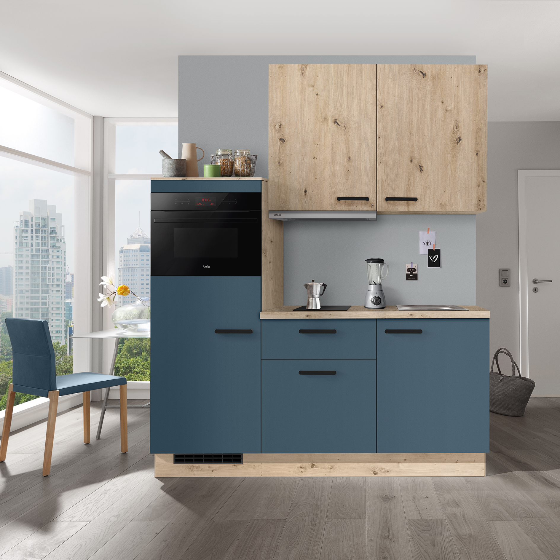 IMPULS Küchenblock - Alby Blue - Eiche hell - Kühlschrank links - mit E-Geräten - 180 cm