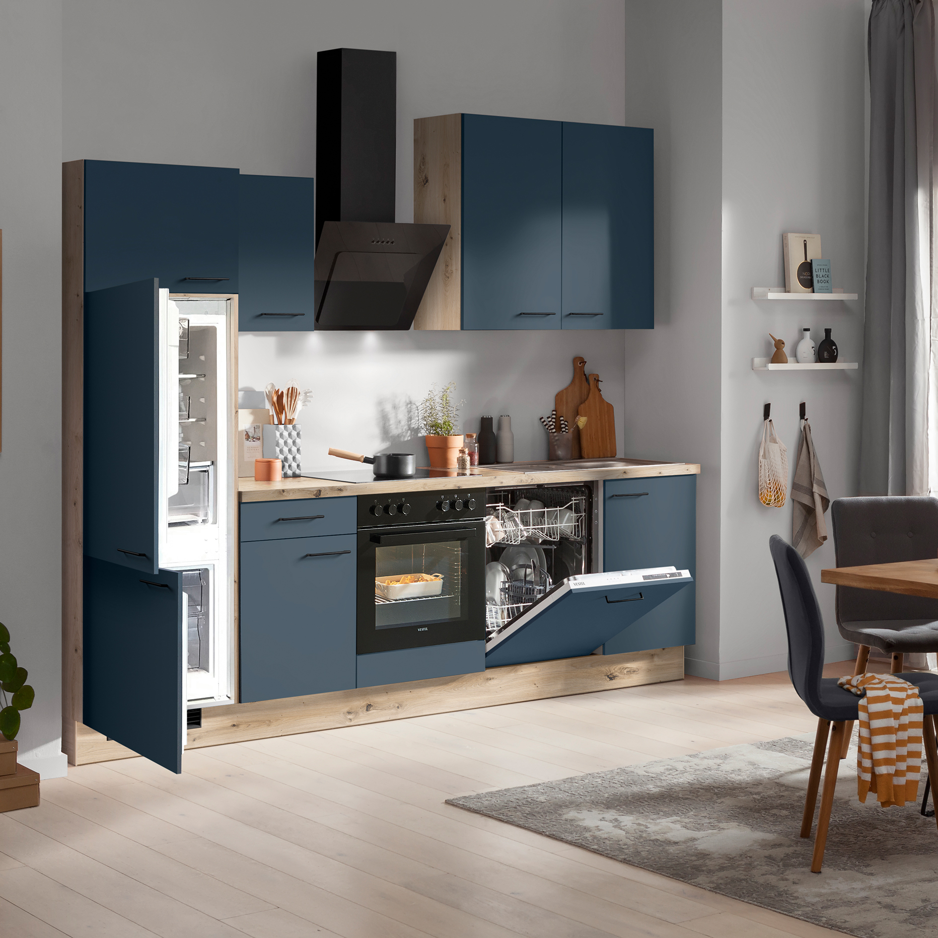 IMPULS Küchenblock - Alby Blue - Eiche hell - Kühlschrank links - mit E-Geräten - 280 cm 