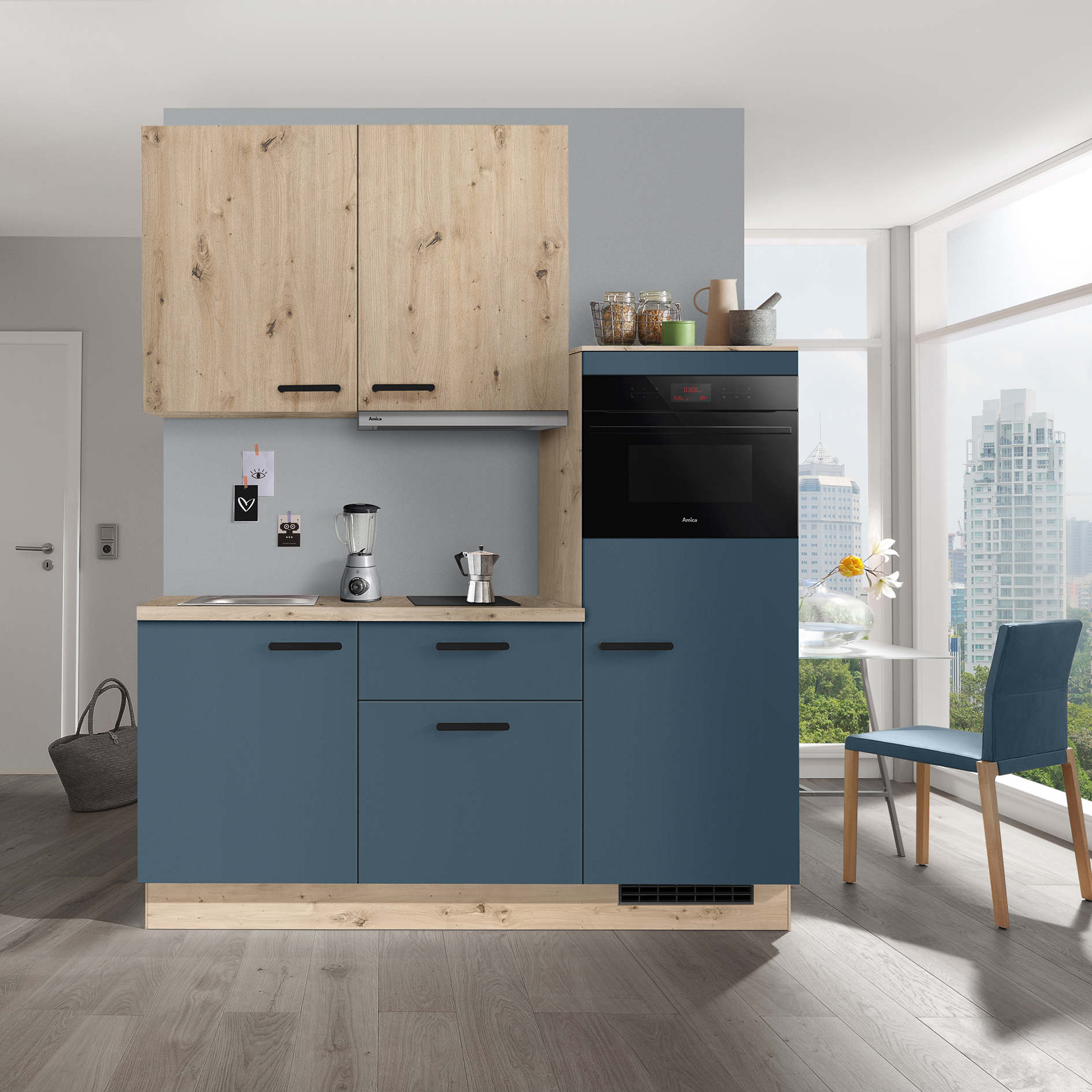 IMPULS Küchenblock - Alby Blue - Eiche hell - Kühlschrank rechts - mit E-Geräten - 180 cm