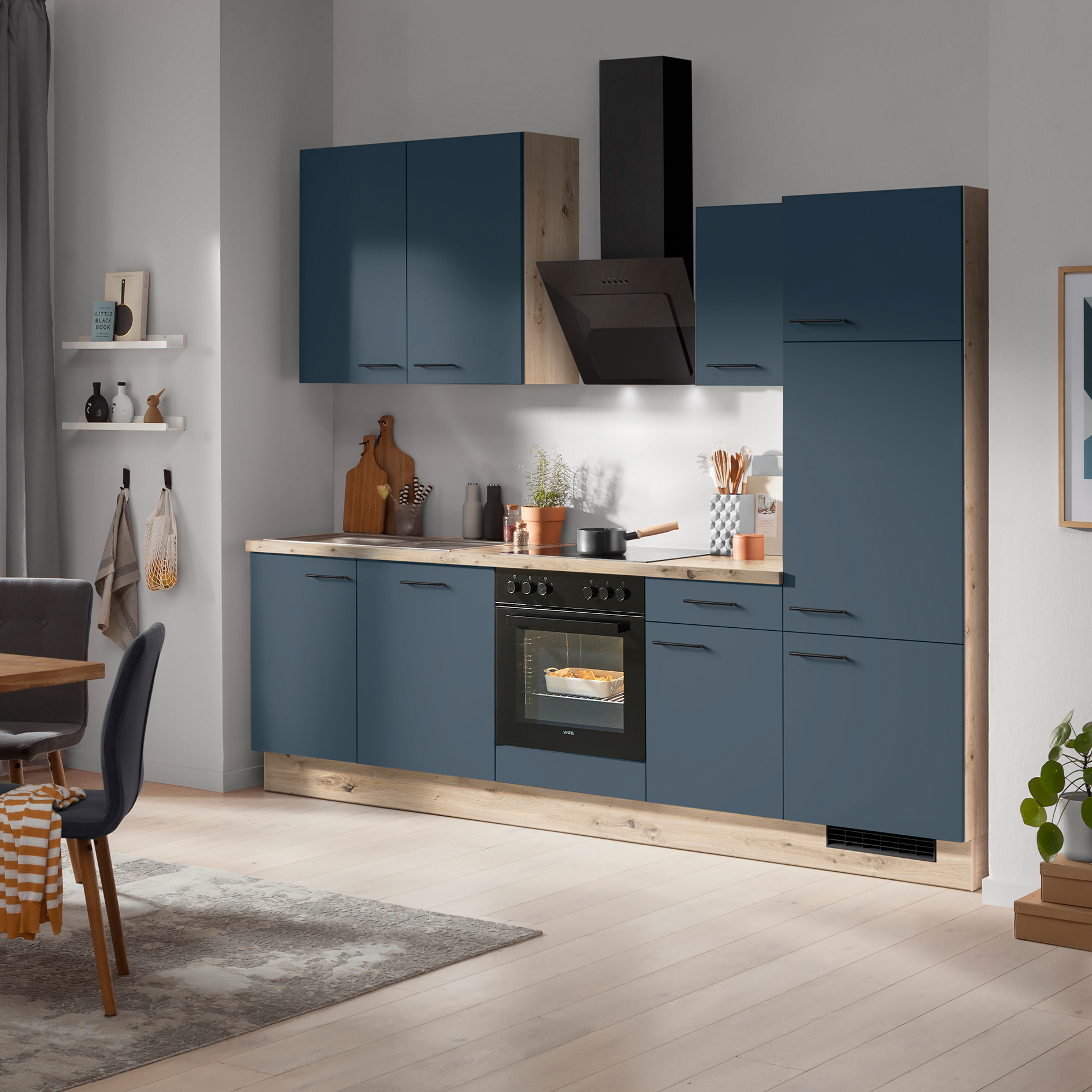 IMPULS Küchenblock - Alby Blue - Eiche hell - Kühlschrank rechts - mit E-Geräten - 280 cm