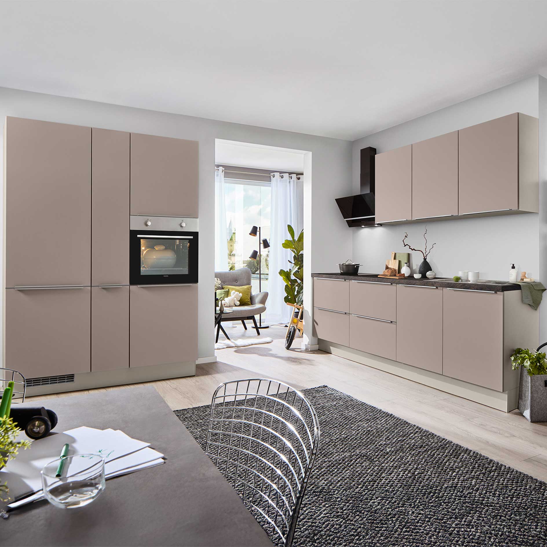 IMPULS Küchenblock - cappuccino - kieselgrau - Kühlschrank links - mit E-Geräten