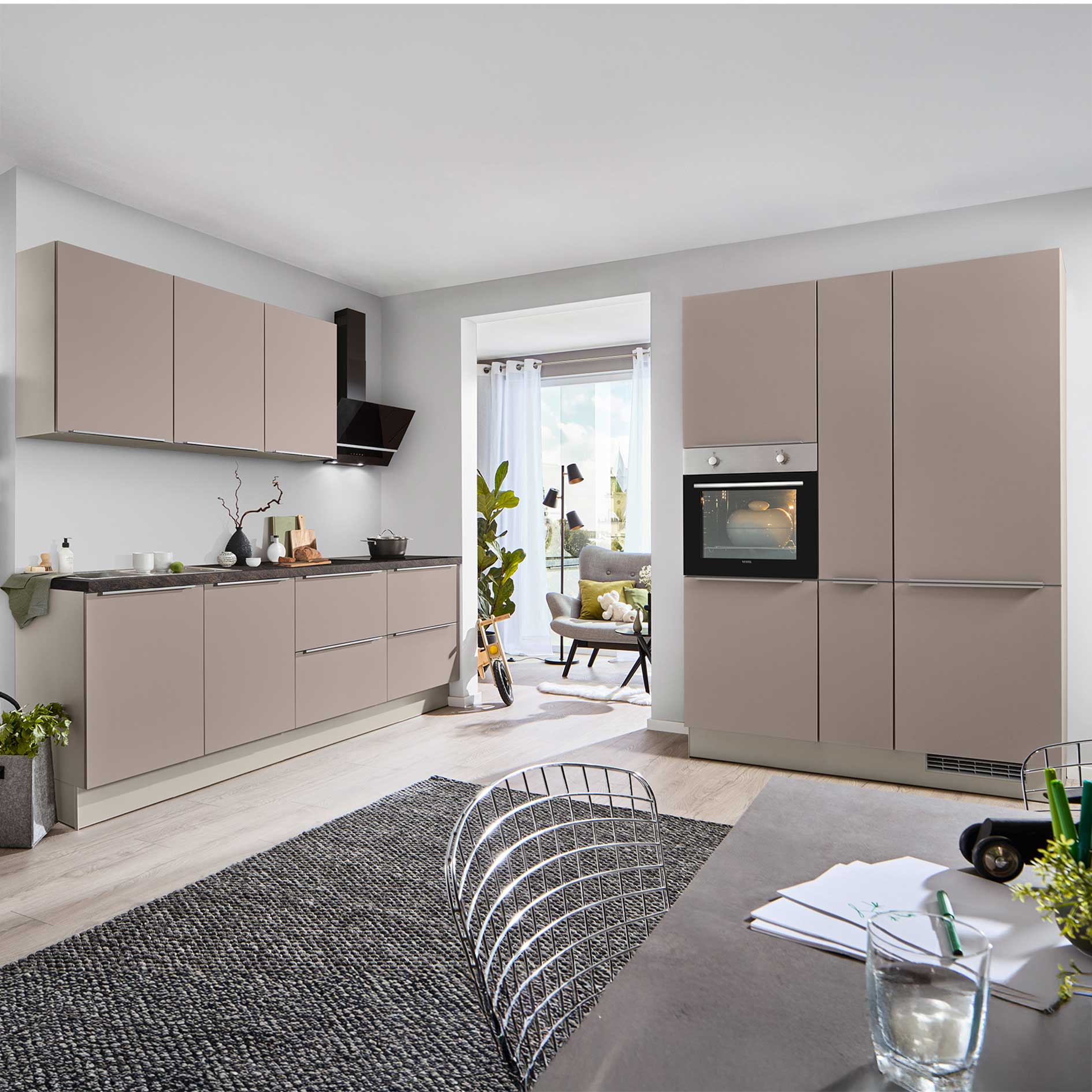 IMPULS Küchenblock - cappuccino - kieselgrau - Kühlschrank rechts - mit E-Geräten