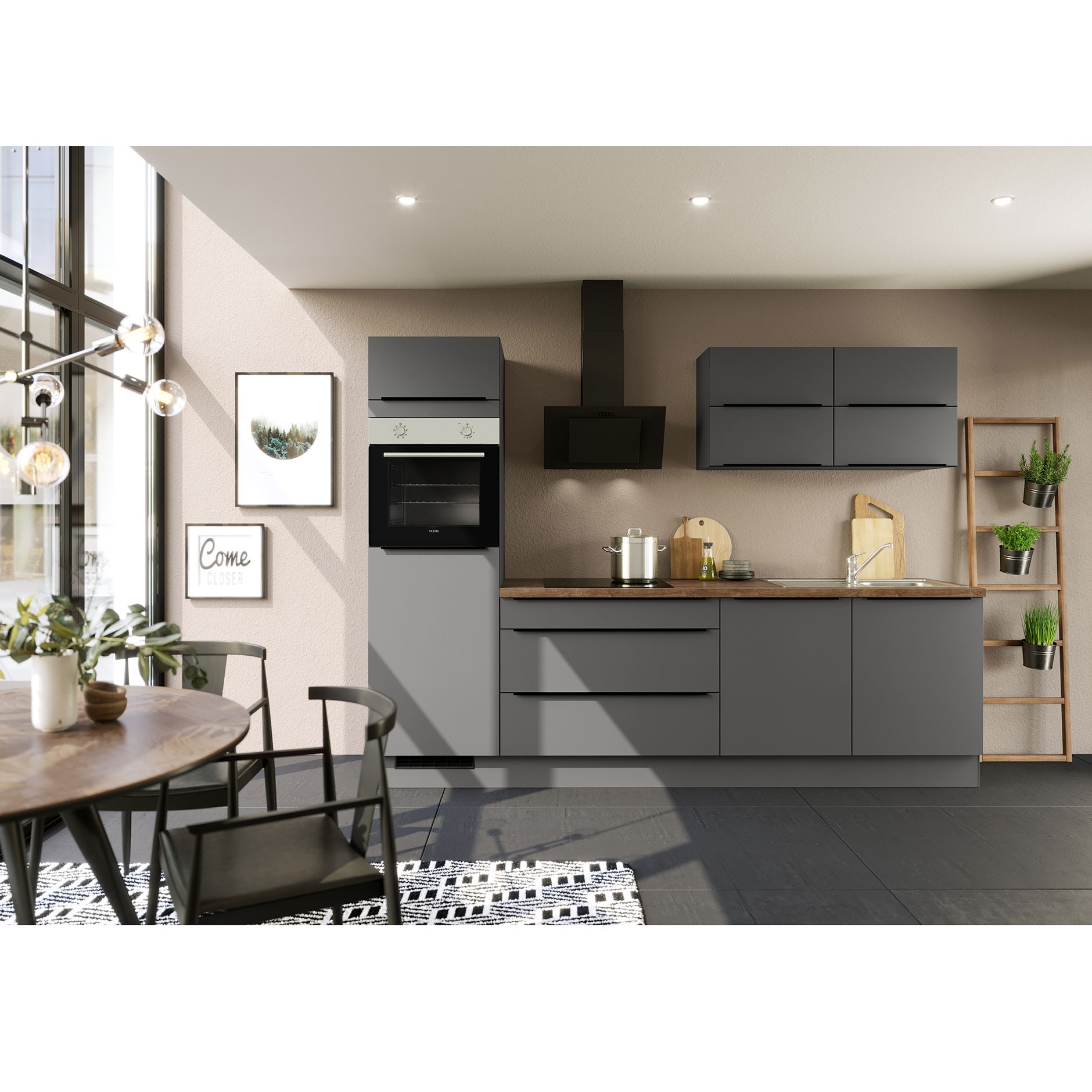 IMPULS Küchenblock - grafit - mit E-Geräten - Kühlschrank links - 280 cm