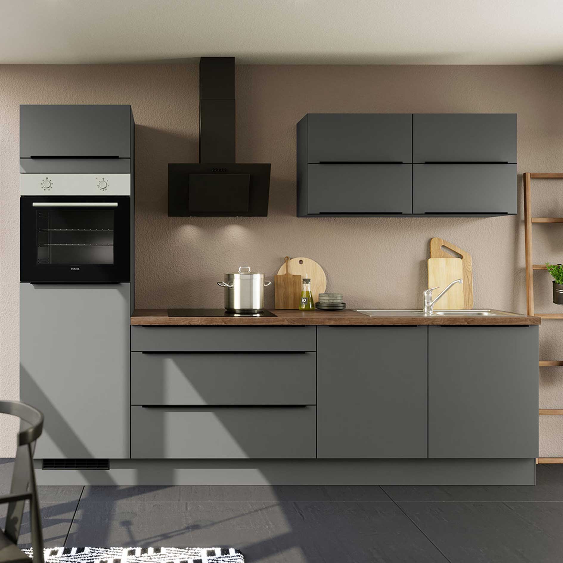 IMPULS Küchenblock - grafit - mit E-Geräten - Kühlschrank links - 280 cm