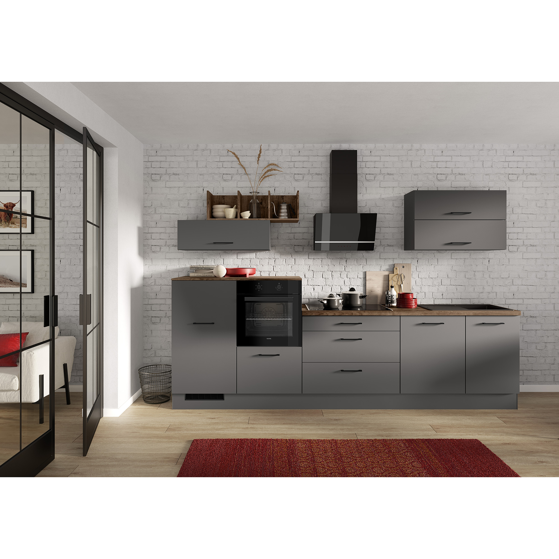 IMPULS Küchenblock - grafit - mit E-Geräten - Kühlschrank links - 320 cm