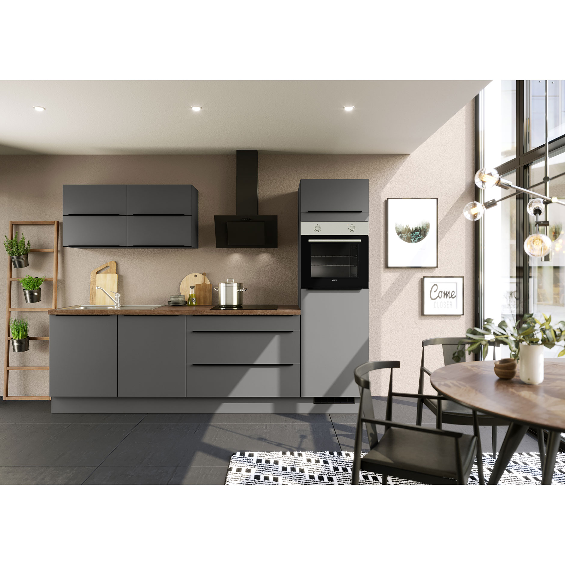 IMPULS Küchenblock - grafit - mit E-Geräten - Kühlschrank rechts - 280 cm