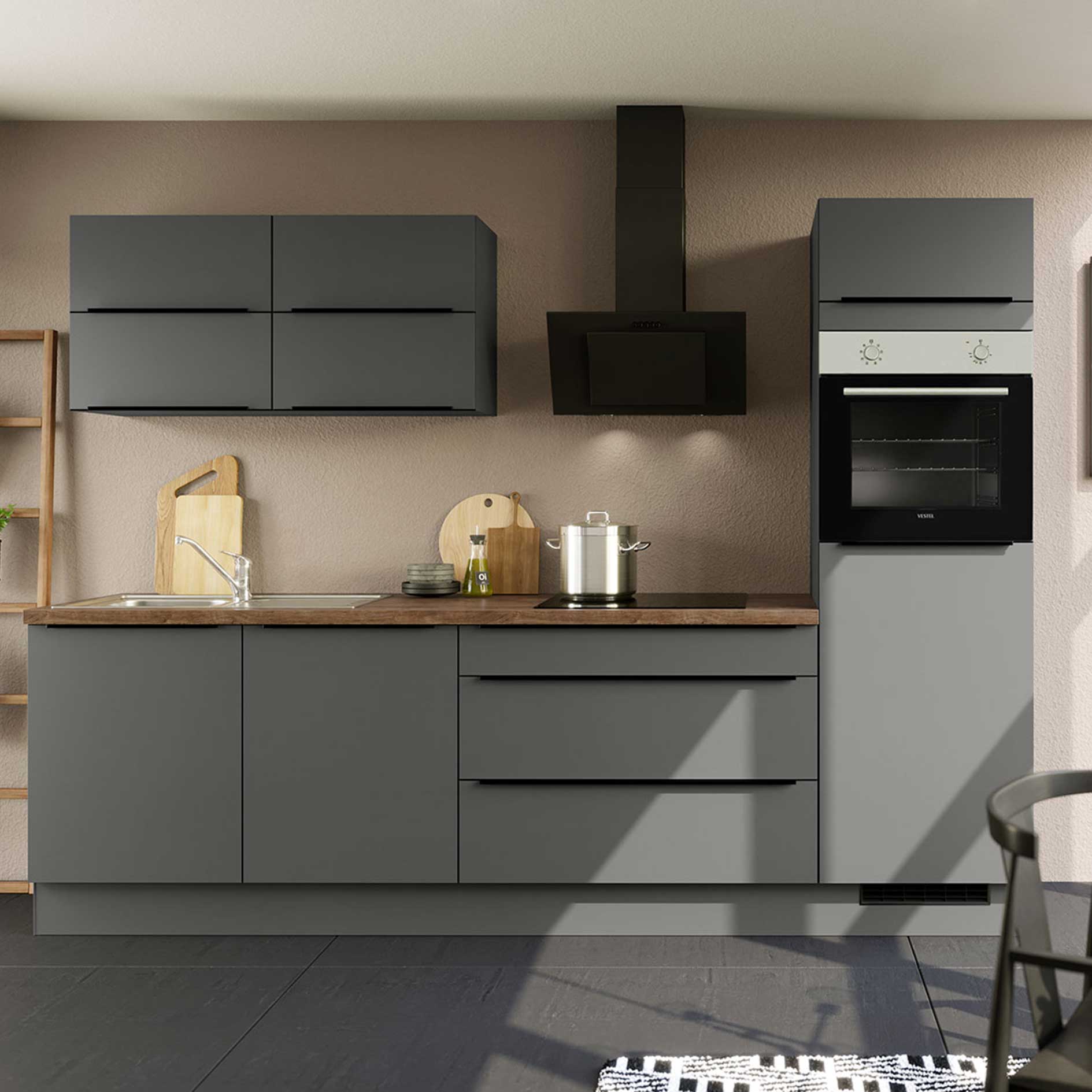 IMPULS Küchenblock - grafit - mit E-Geräten - Kühlschrank rechts - 280 cm