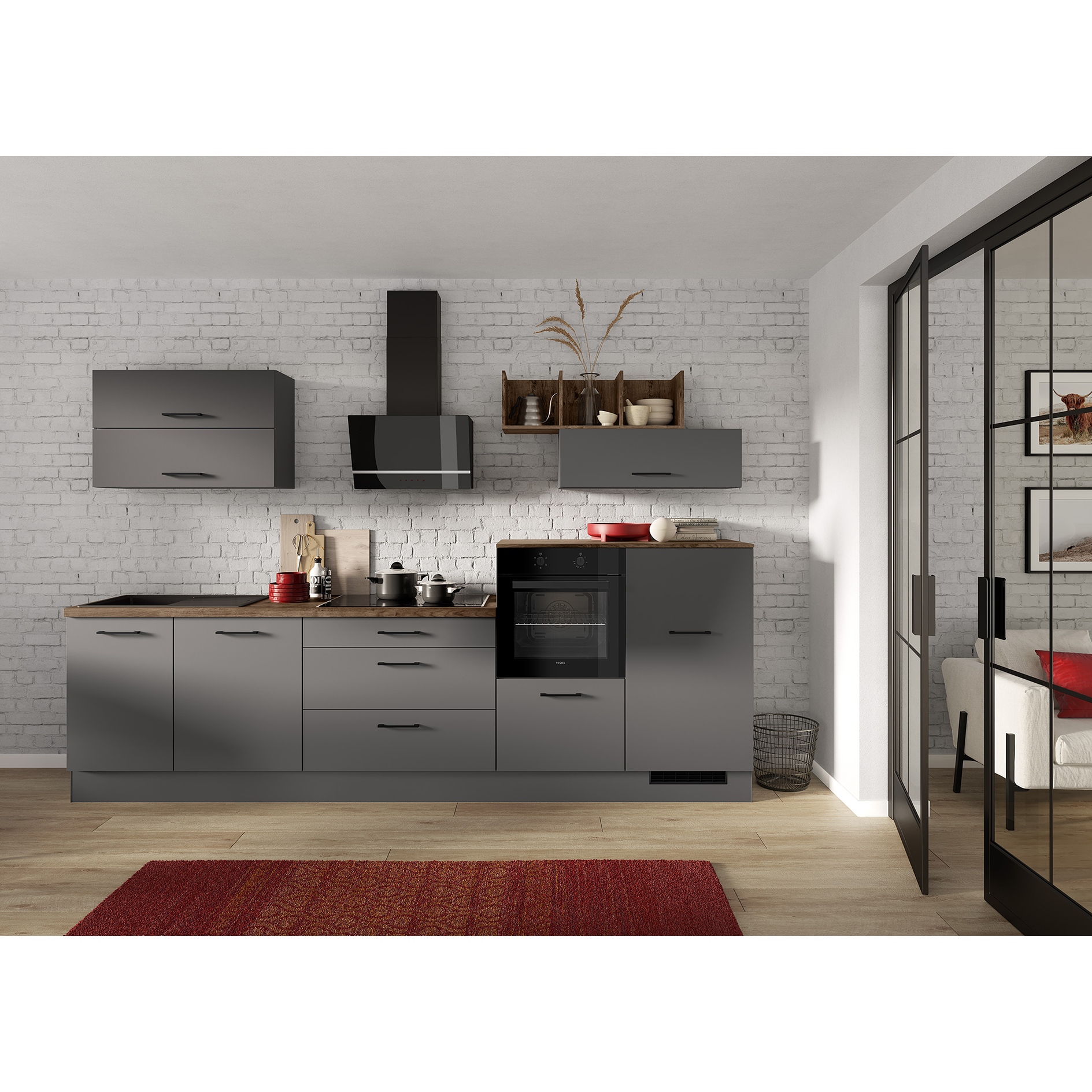 IMPULS Küchenblock - grafit - mit E-Geräten - Kühlschrank rechts - 320 cm