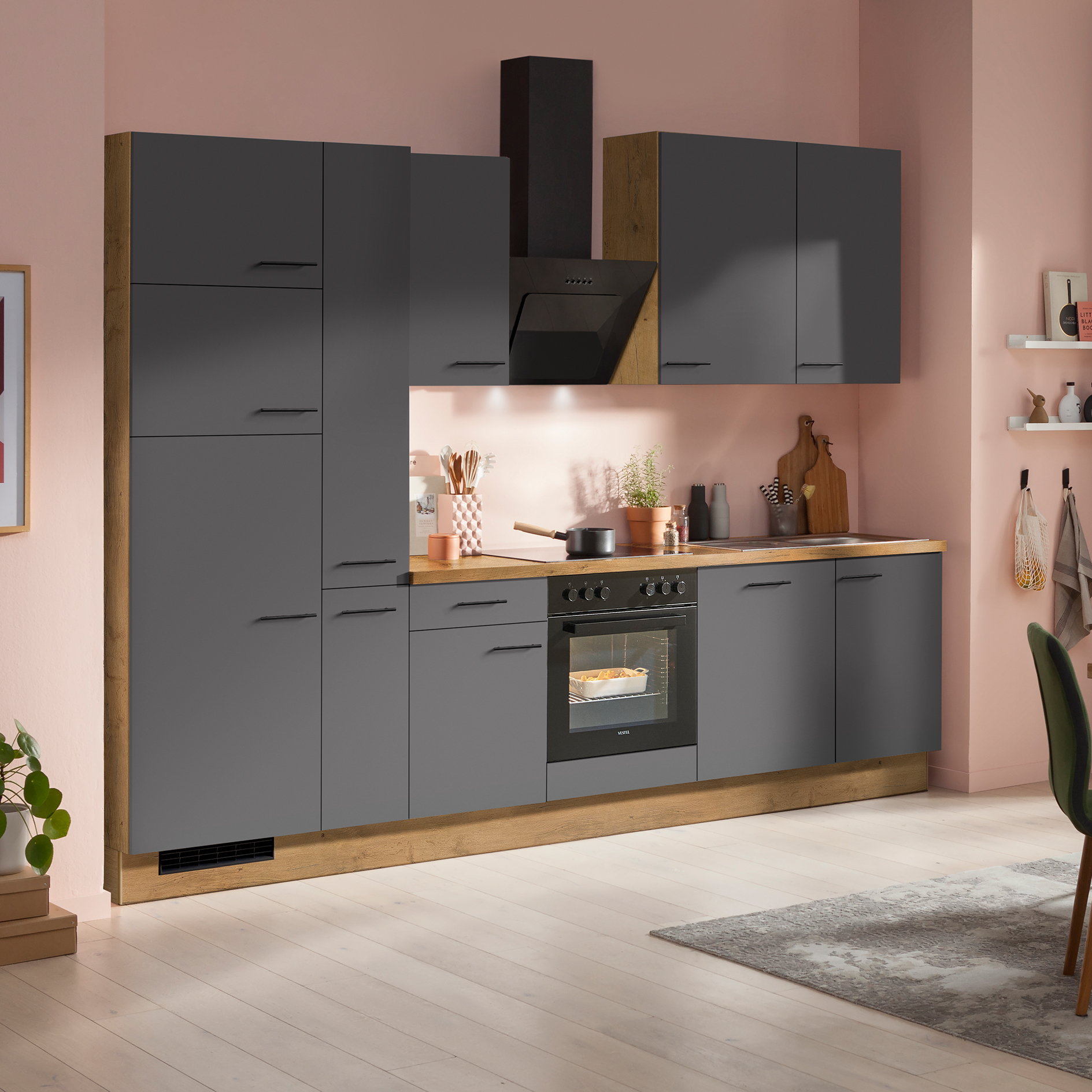 IMPULS Küchenblock - grafit - Vintage Eiche - Kühlschrank links - mit E-Geräten - 310 cm