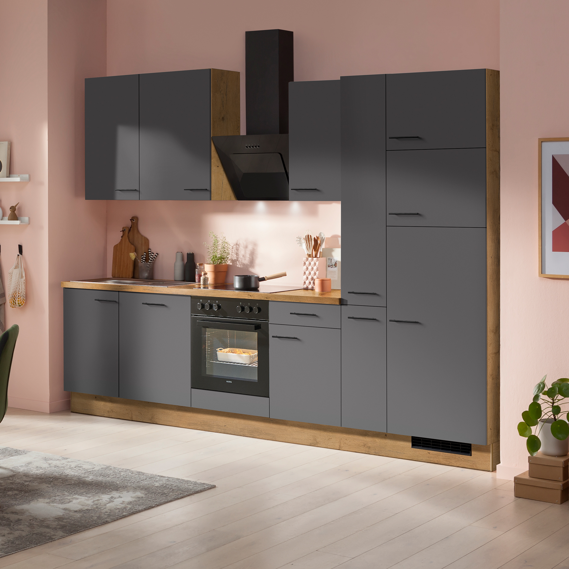 IMPULS Küchenblock - grafit - Vintage Eiche - Kühlschrank rechts - mit E-Geräten - 310 cm