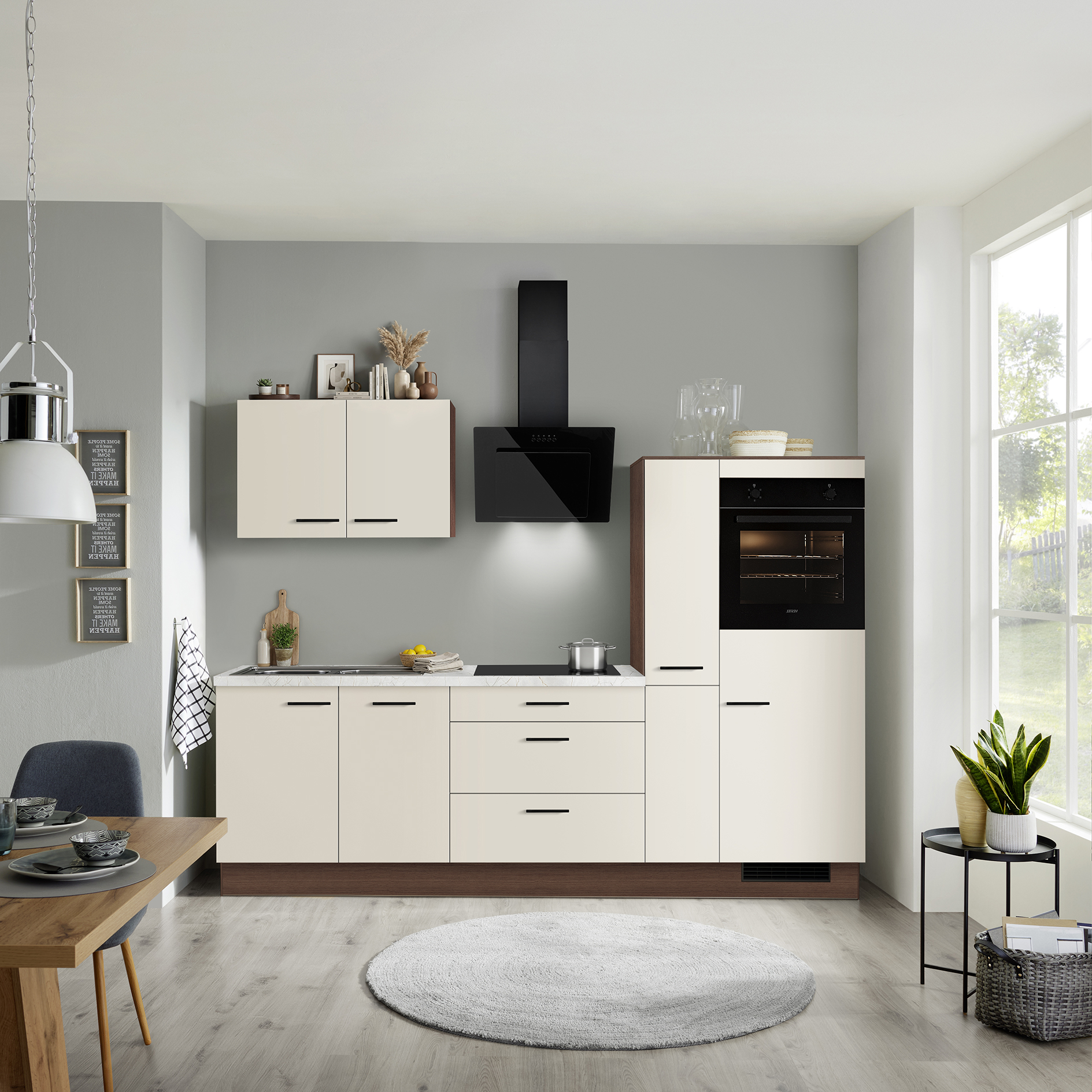 IMPULS Küchenblock - muschelweiß - mit E-Geräten - Kühlschrank rechts - 265 cm