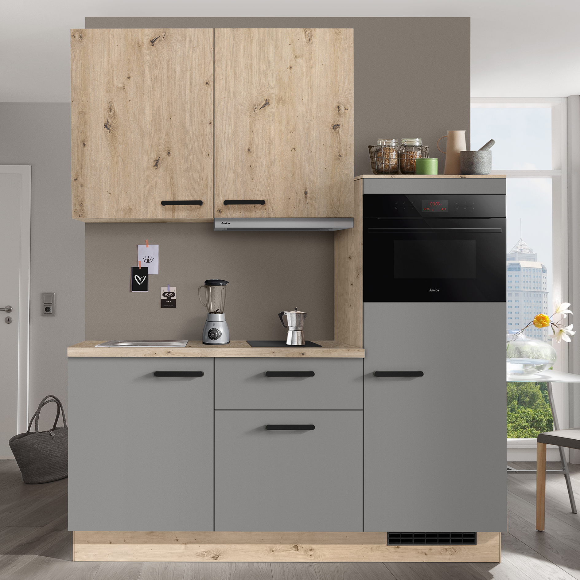 IMPULS Küchenblock - Schiefergrau - Eiche hell - Kühlschrank rechts - mit E-Geräten - 180 cm