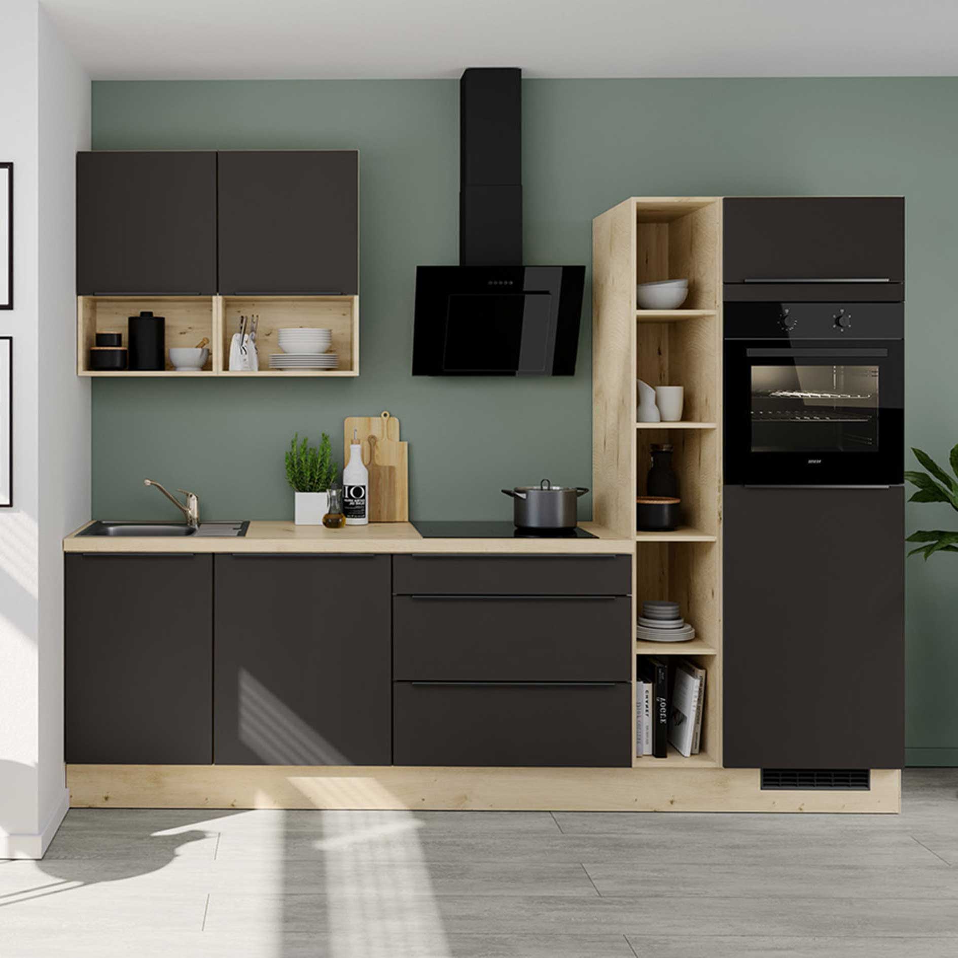 IMPULS Küchenblock - vulkanbraun - Eiche hell - mit E-Geräten - Kühlschrank rechts - 280 cm