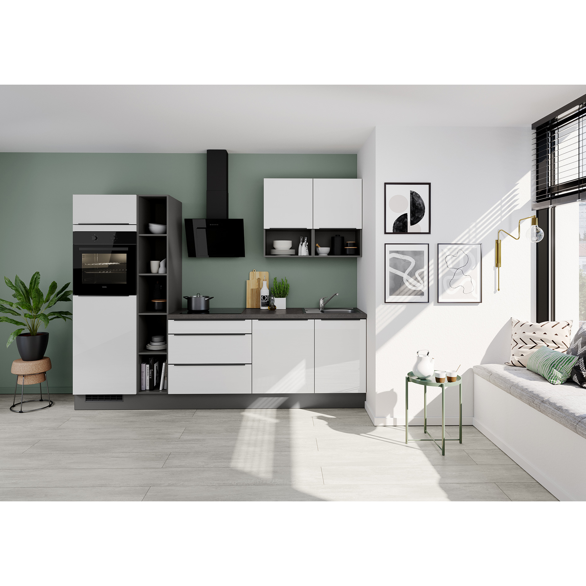 IMPULS Küchenblock - weiß Hochglanz - grafit - mit E-Geräten - Kühlschrank links - 280 cm