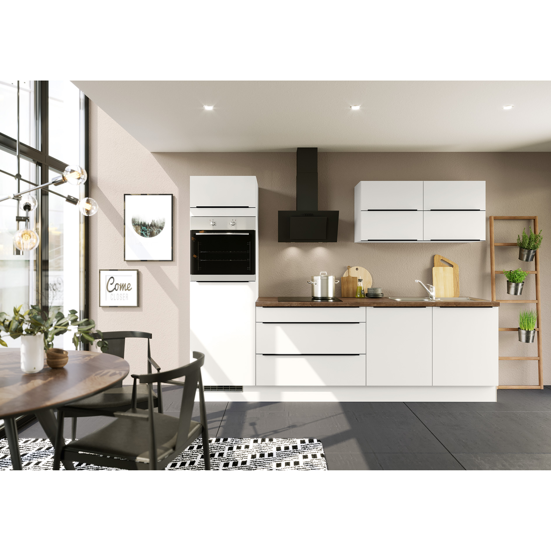 IMPULS Küchenblock - weiß - mit E-Geräten - Kühlschrank links - 280 cm