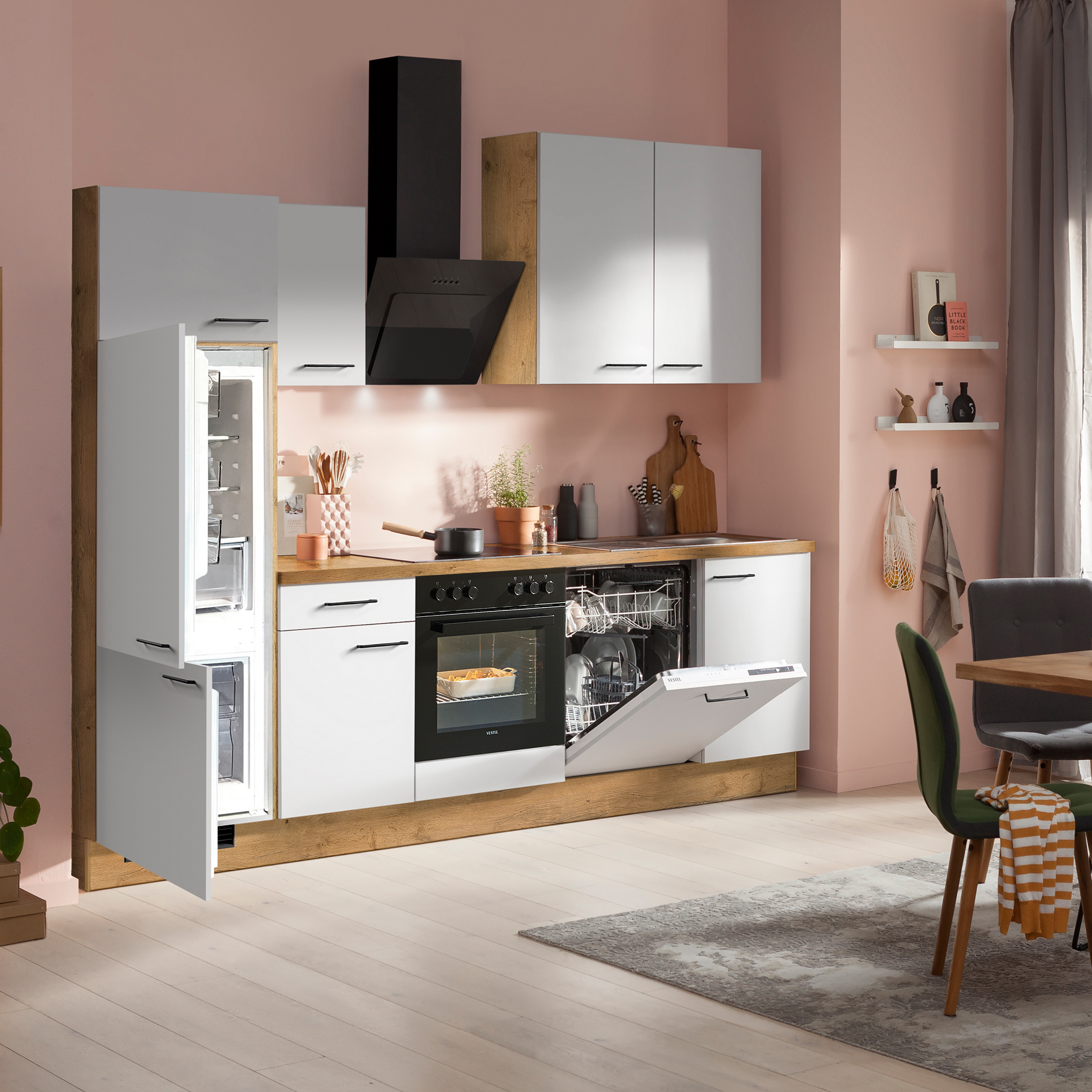 IMPULS Küchenblock - weiß - Vintage Eiche - Kühlschrank links - mit E-Geräten - 280 cm