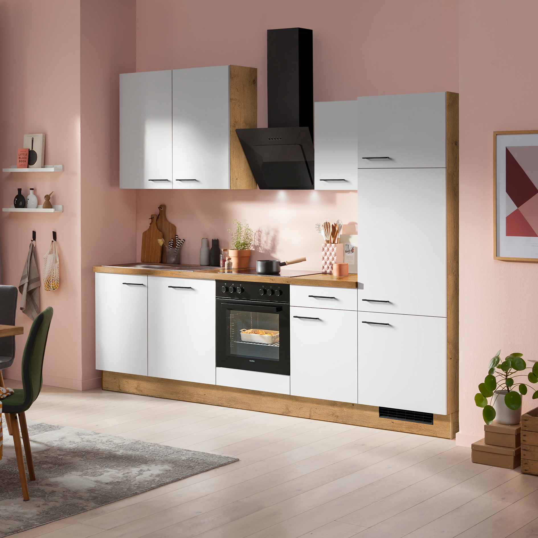 IMPULS Küchenblock - weiß - Vintage Eiche - Kühlschrank rechts - mit E-Geräten - 280 cm
