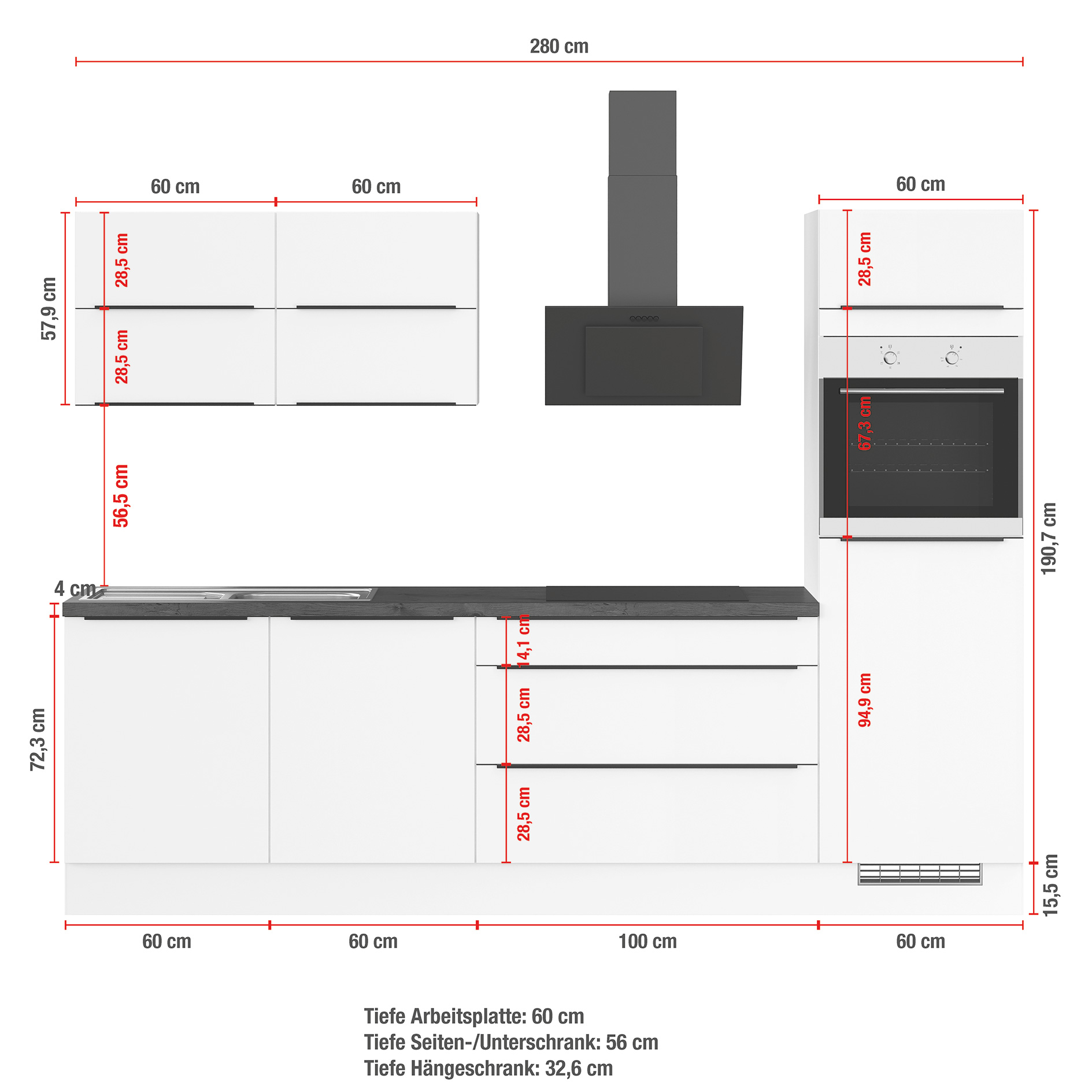 IMPULS Küchenleerblock - grafit - Gerätehochschrank rechts - 280 cm