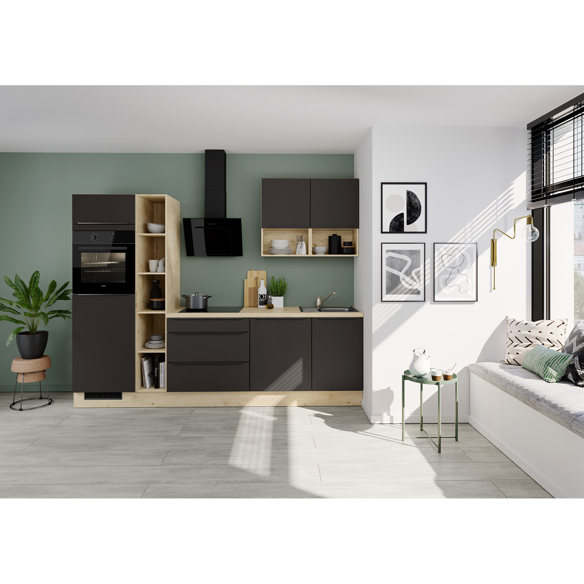 IMPULS Küchenleerblock - vulkanbraun - Eiche hell - Gerätehochschrank links - 280 cm
