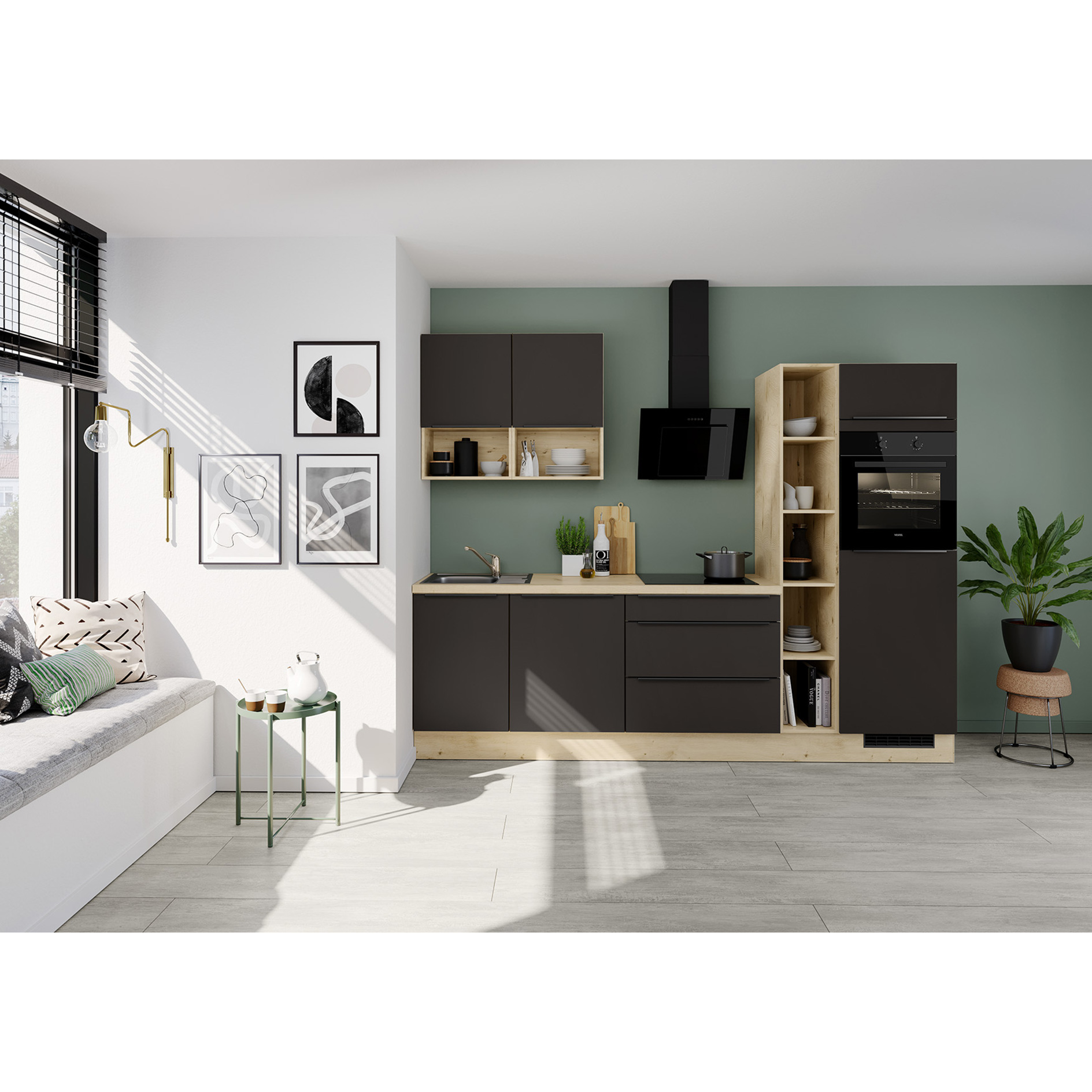 IMPULS Küchenleerblock - vulkanbraun - Eiche hell - Gerätehochschrank rechts - 280 cm