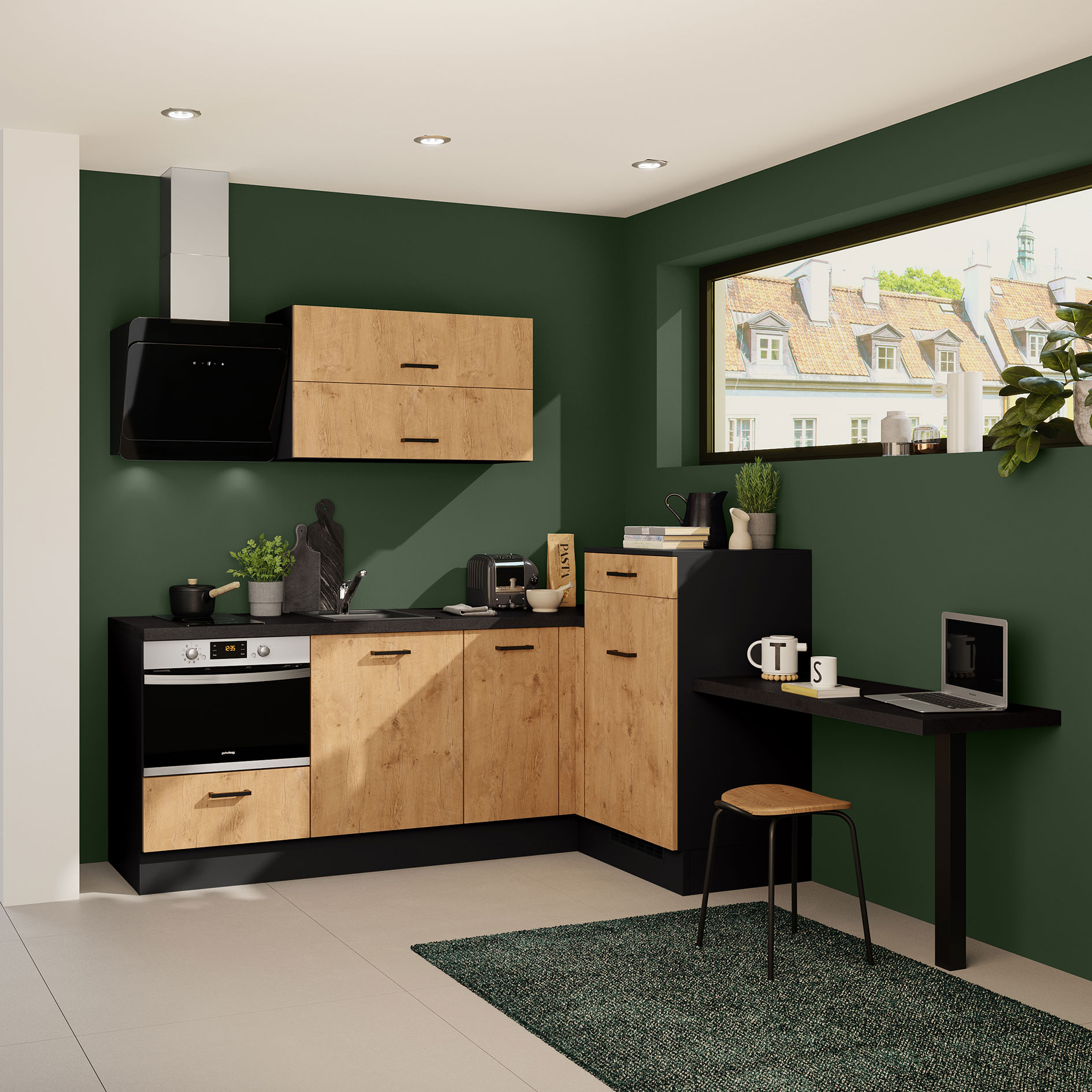 IMPULS Winkelküche - Vintage Eiche - schwarz - Ansetztisch rechts - 225x241 cm