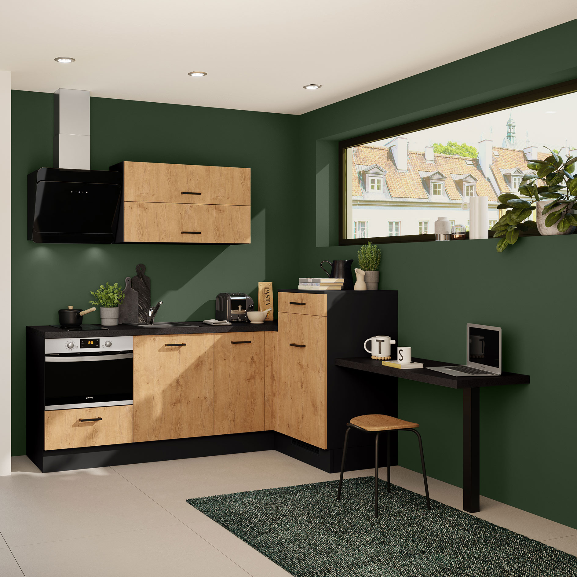 IMPULS Winkelküche - Vintage Eiche - schwarz - mit E-Geräten - Ansetztisch rechts - 225x241 cm