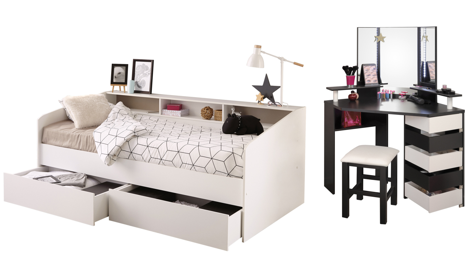 Jugendzimmer SLEEP 33 - weiß-schwarz - Schminktisch und Hocker