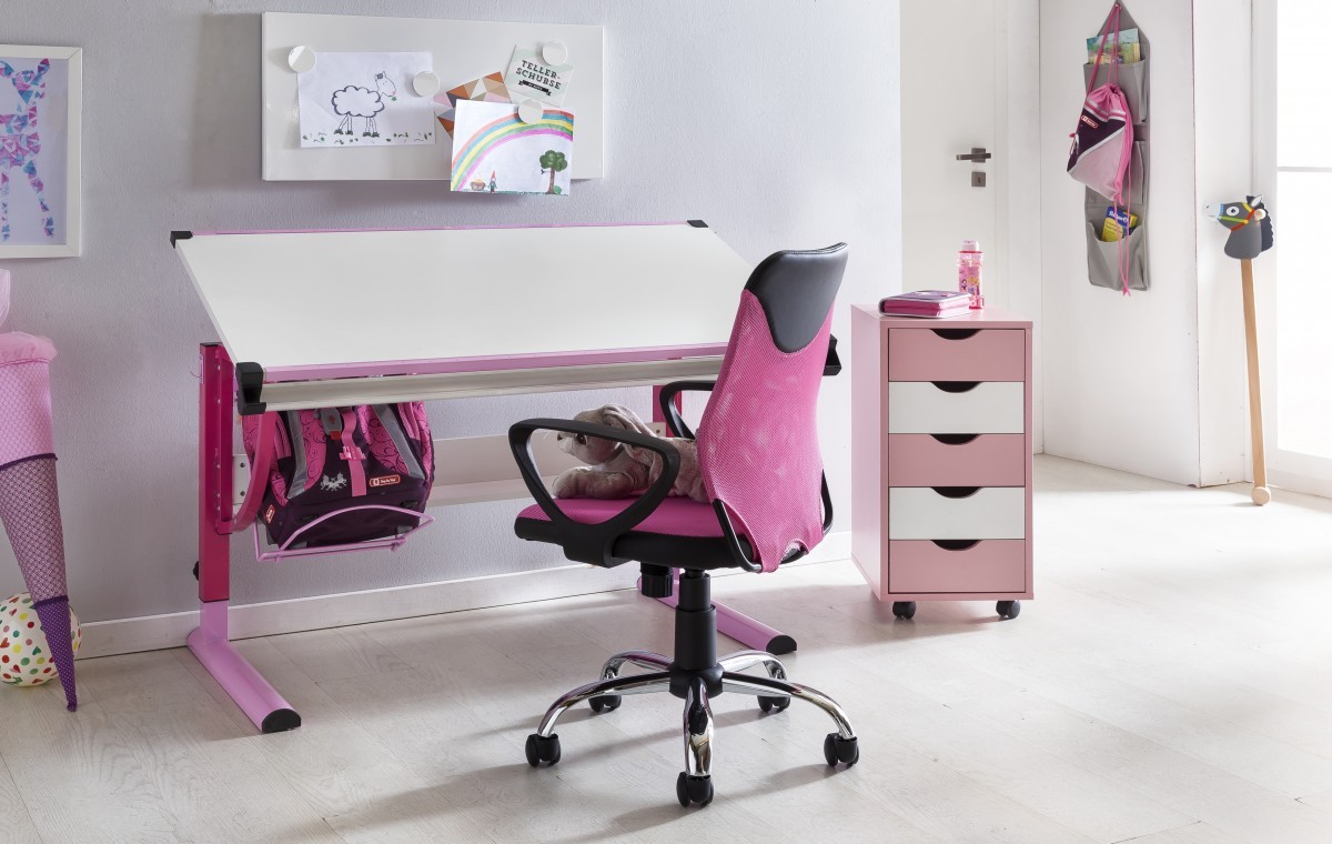 Kinder-Schreibtischstuhl - pink-schwarz - Netzstoff-Kunstleder - rollbar