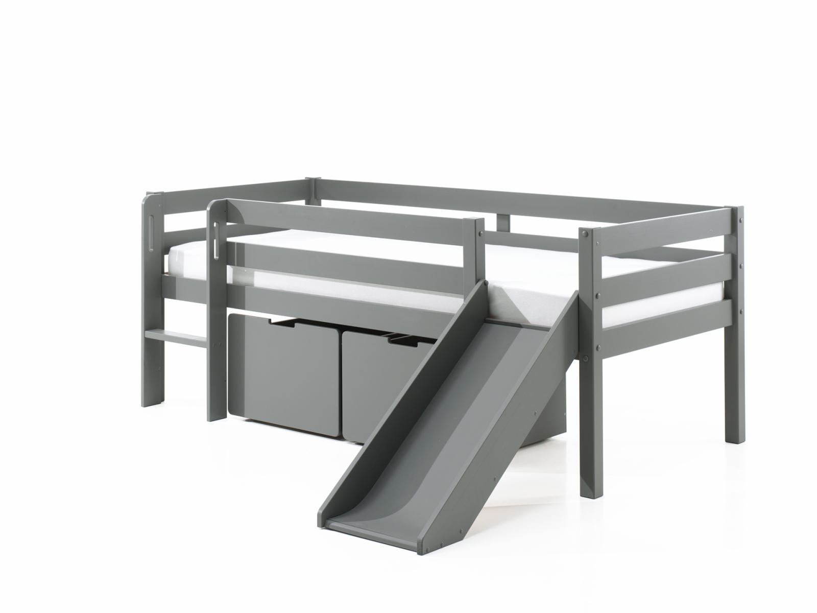 Kojen-Spielbett - grau - Schubkästen - Regal - Rutsche - 90x200 cm