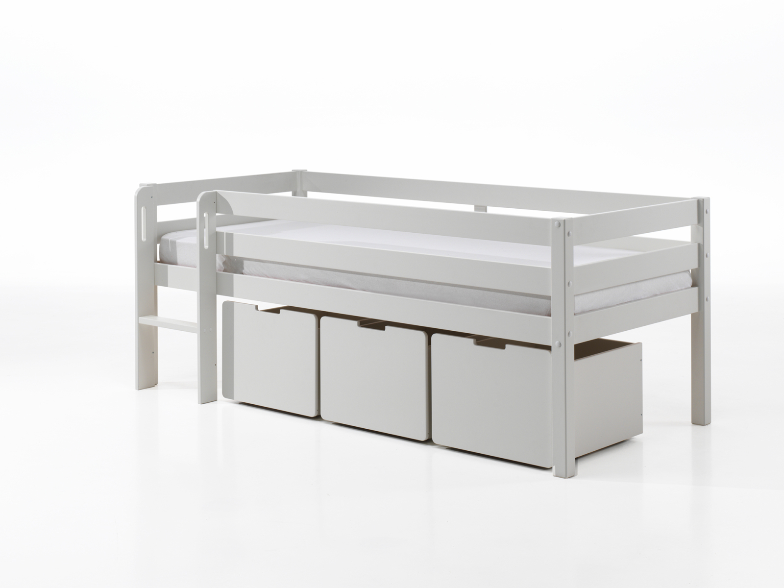 Kojen-Spielbett - weiß - Leiter - Schubkästen - Regal - 90x200 cm