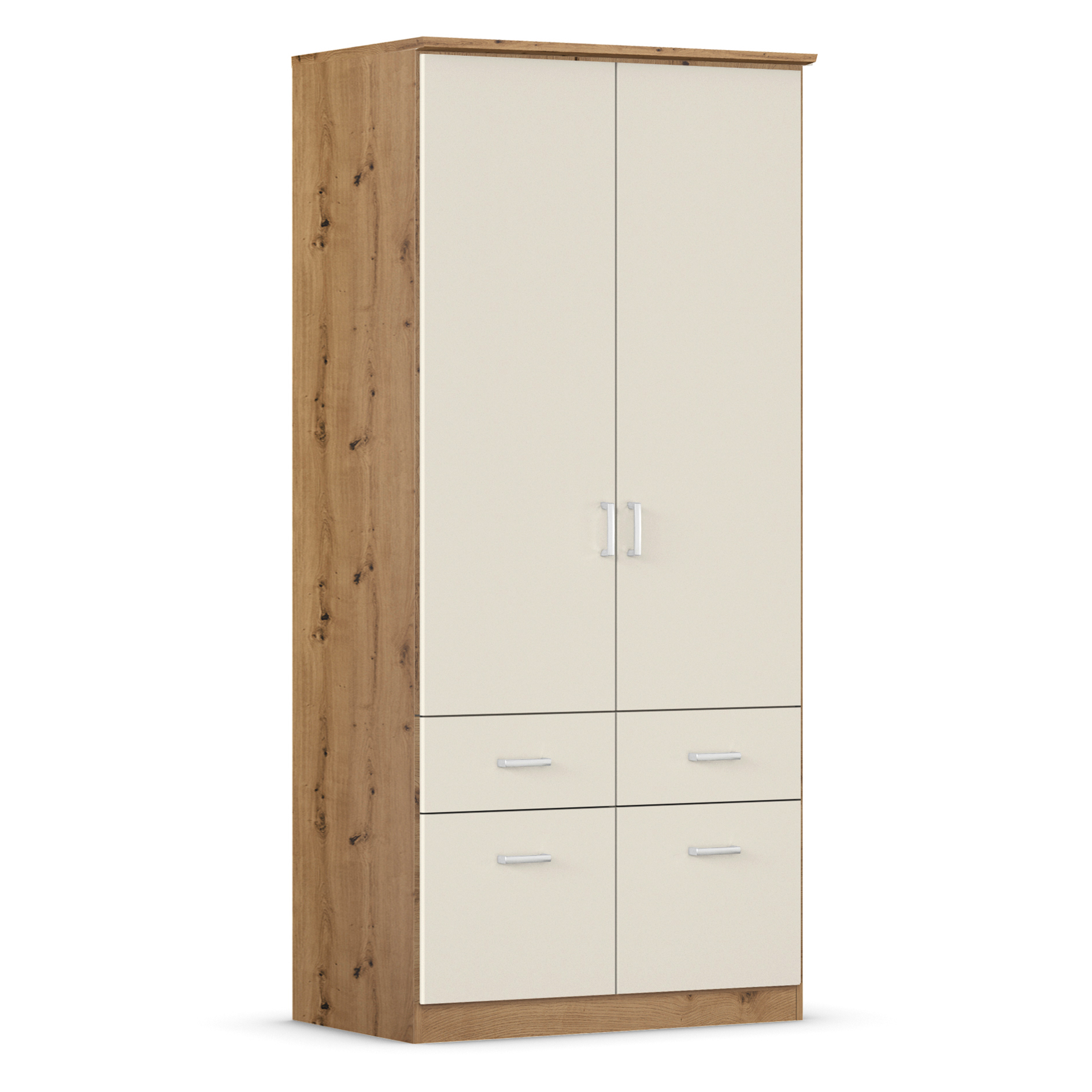 Kombi-Drehtürenschrank - champagner - Artisan Eiche - 2 Türen - 4 Schubkästen - 91 cm breit