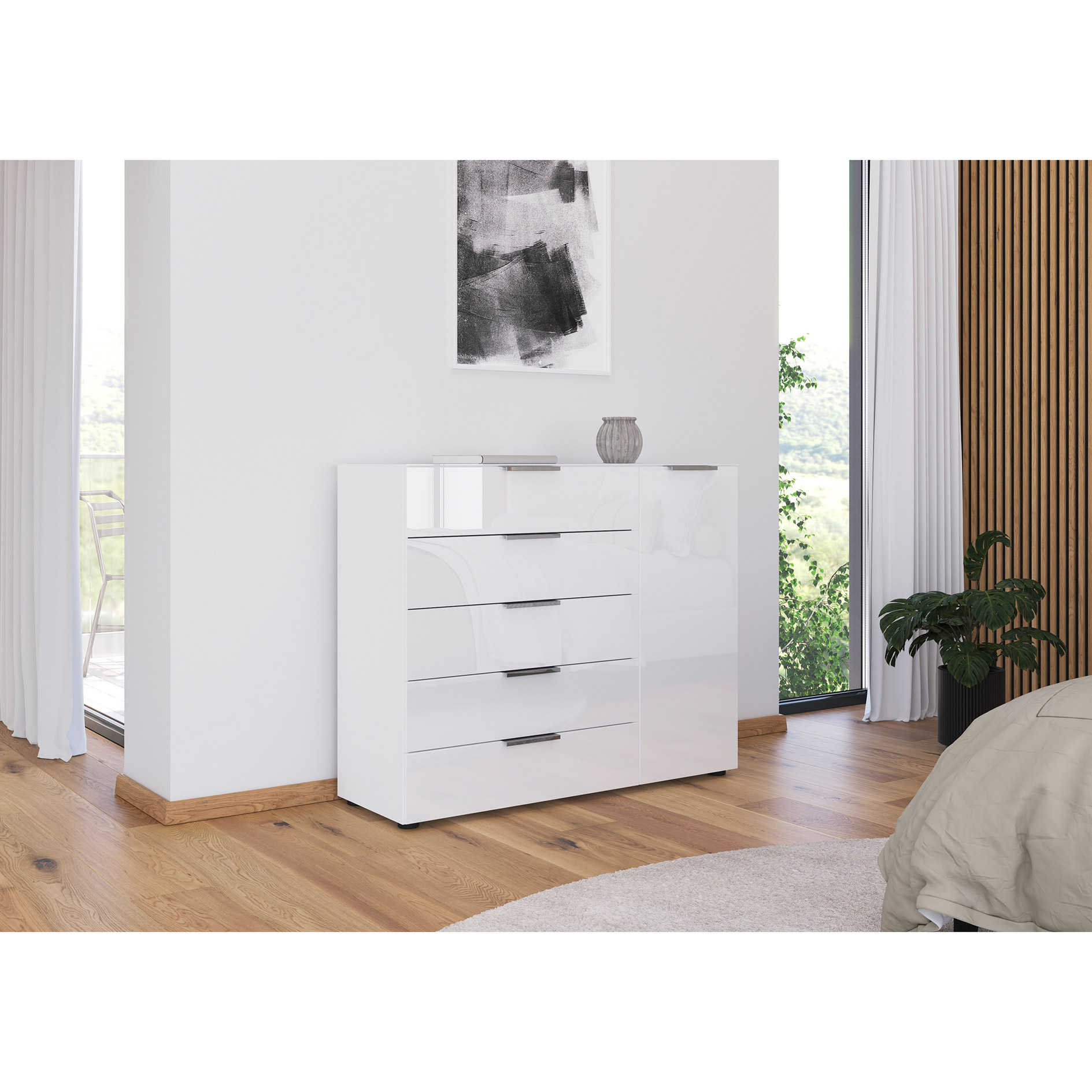 Kommode - alpinweiß-Kristallweißglas - Chromgriffe - 120 cm