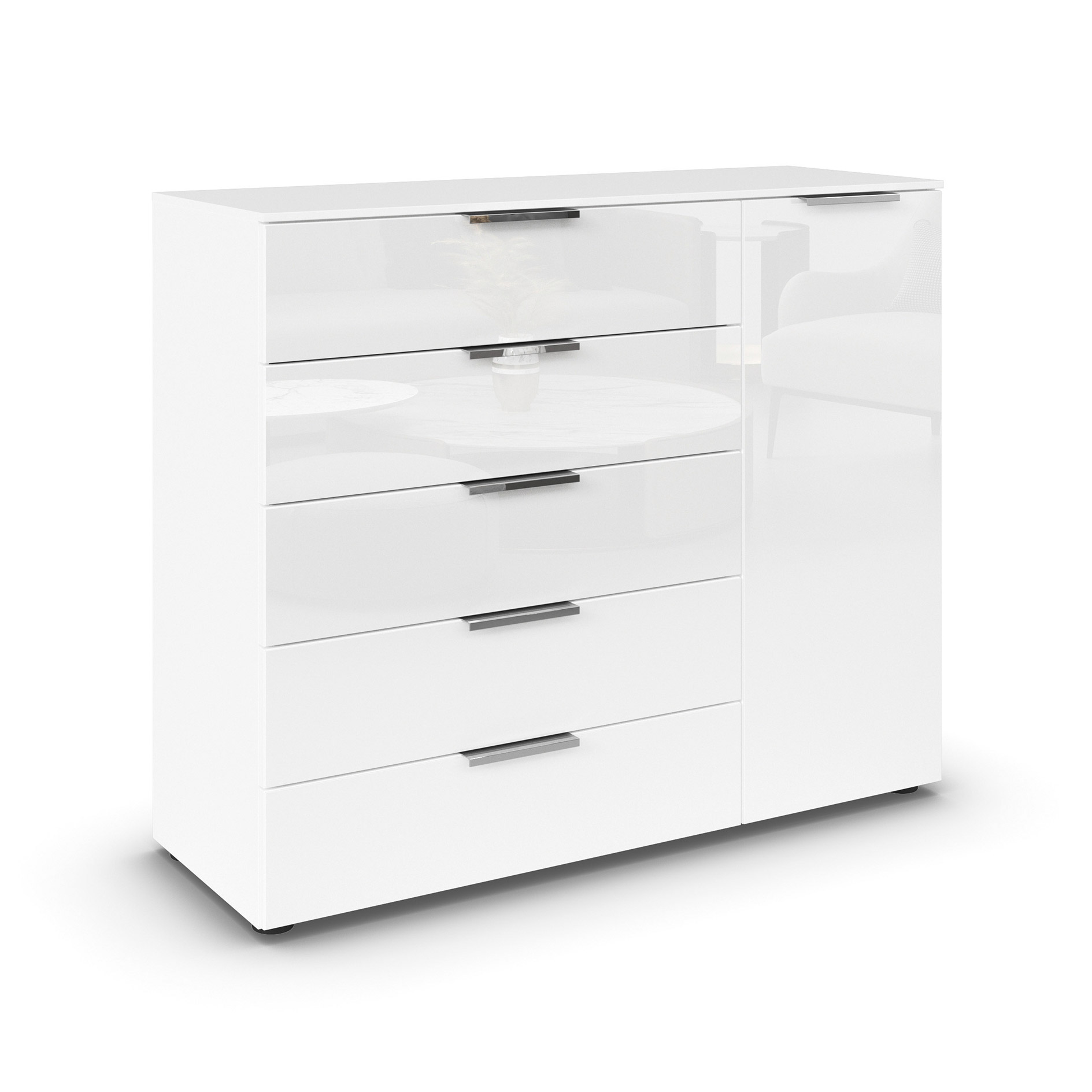 Kommode - alpinweiß-Kristallweißglas - Chromgriffe - 120 cm