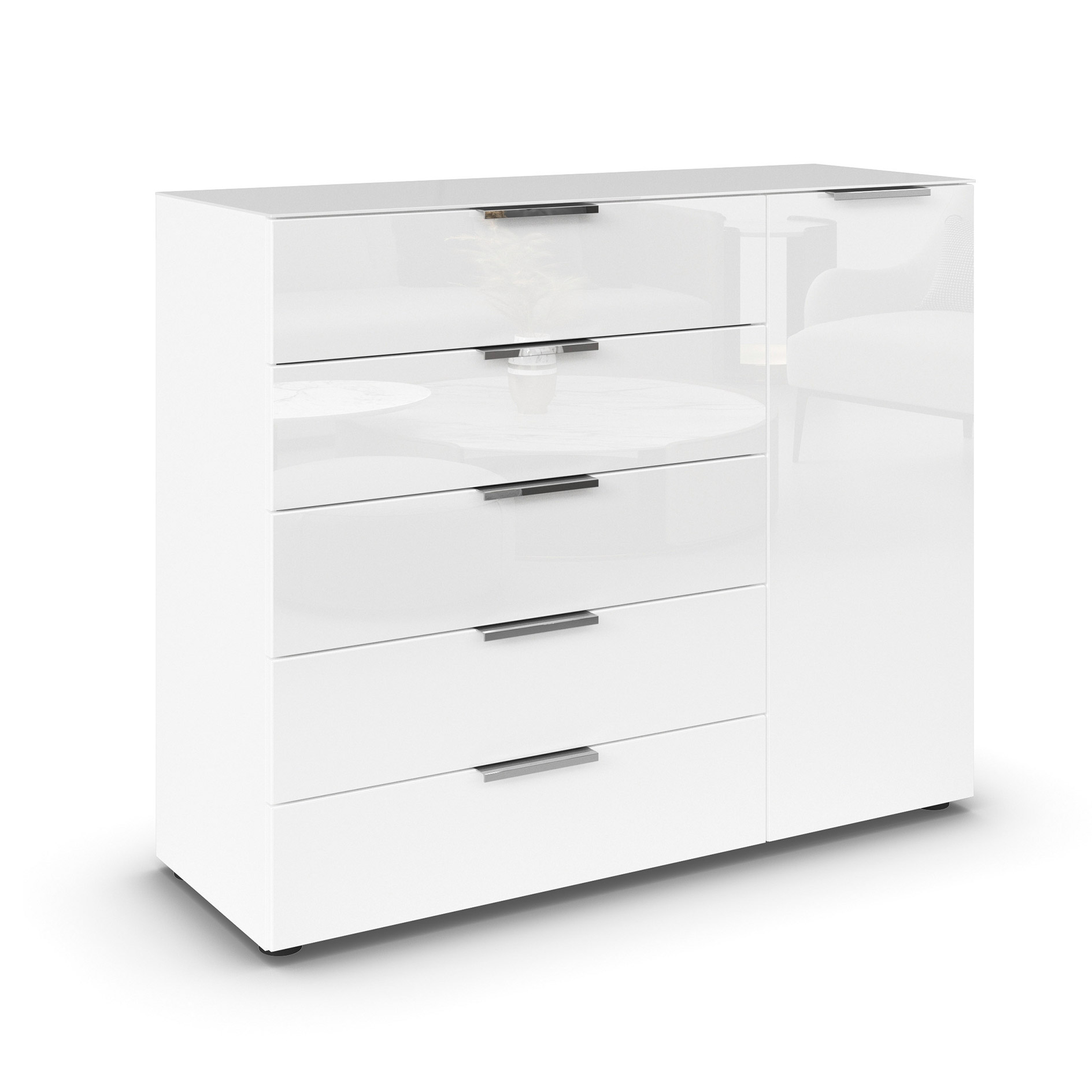 Kommode - alpinweiß-Kristallweißglas - Chromgriffe - 120 cm