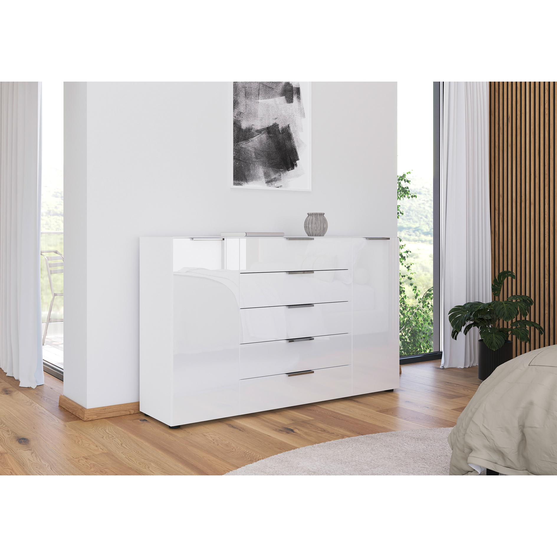 Kommode - alpinweiß-Kristallweißglas - Chromgriffe - 160 cm