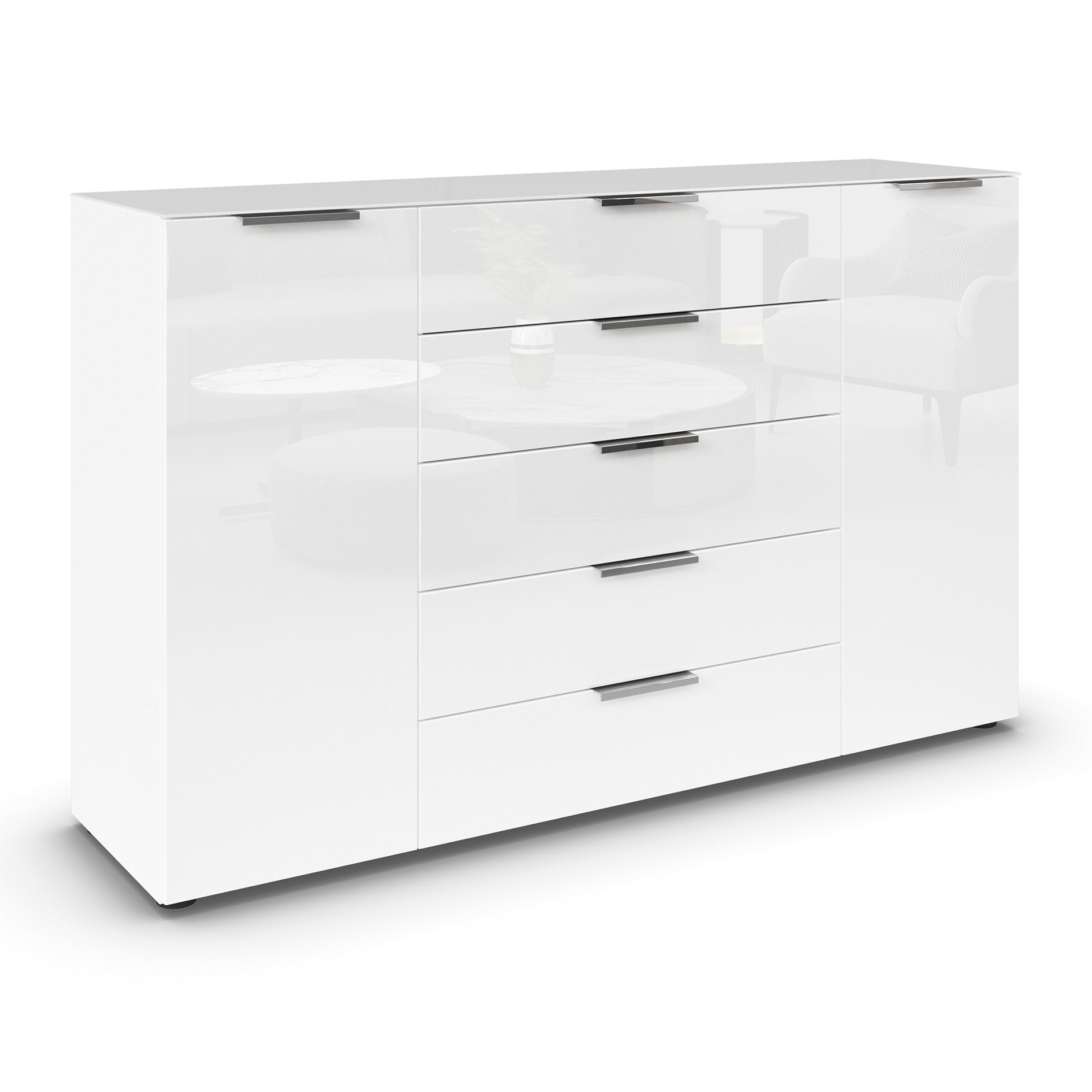 Kommode - alpinweiß-Kristallweißglas - Chromgriffe - 160 cm