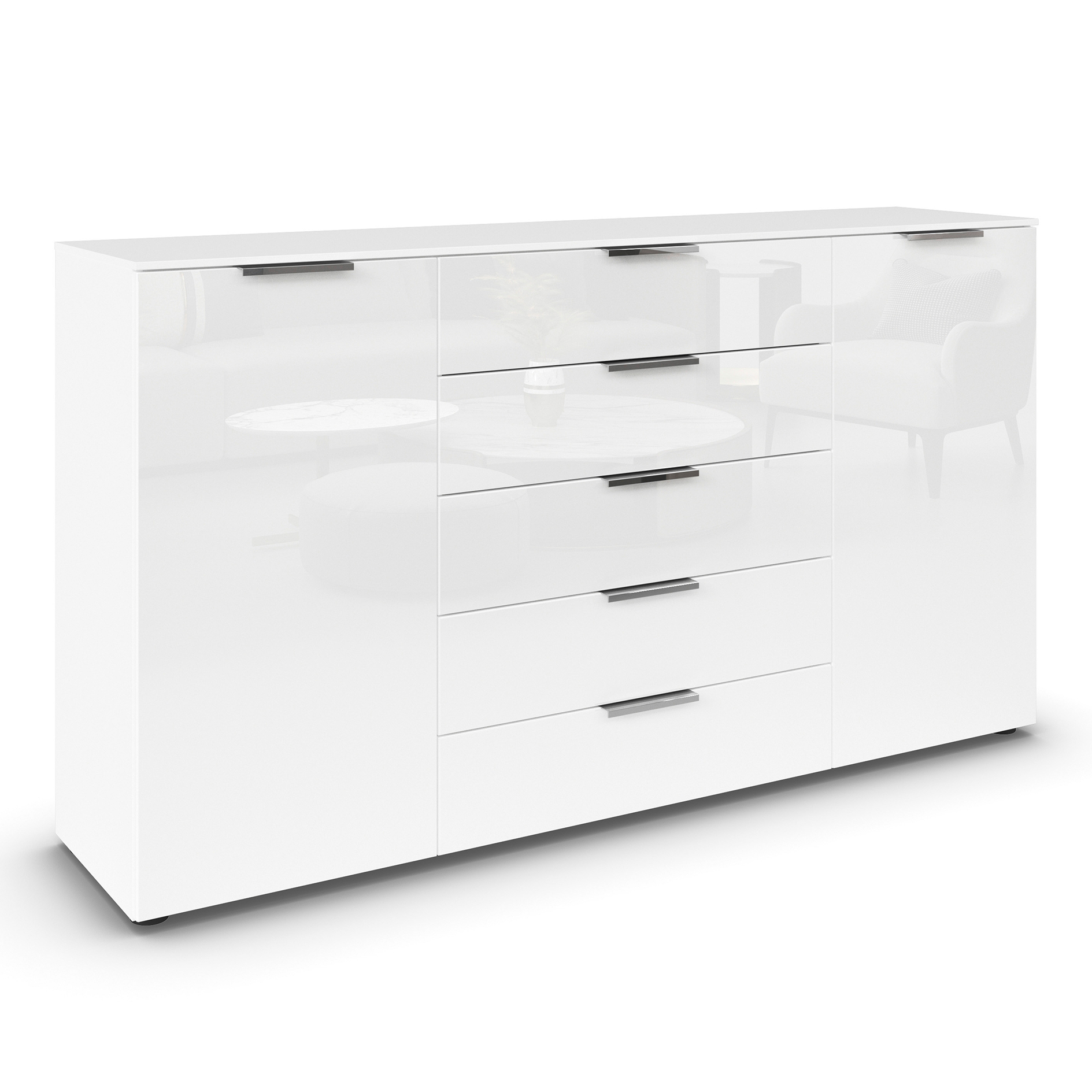 Kommode - alpinweiß-Kristallweißglas - Chromgriffe - 180 cm